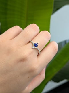 Ceylon Blue Sapphire Ring with Chevron Diamond Pavé Shank in 14K White Gold
