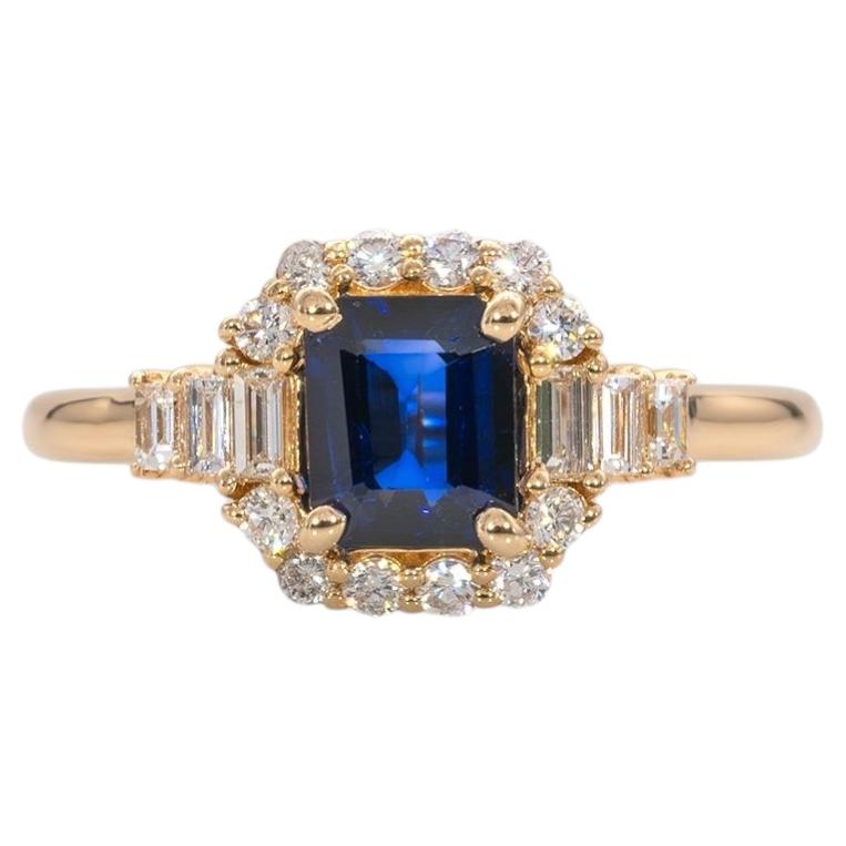 Bague en saphir bleu de Ceylan rehaussée de diamants extraits de mines terrestres : or massif 14 carats