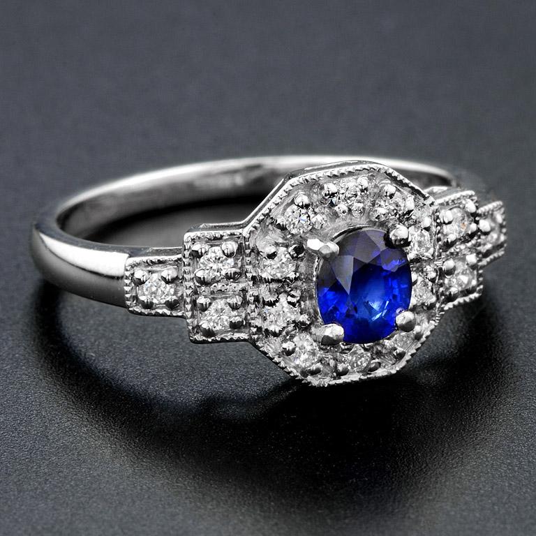 Art Déco Anello di fidanzamento in stile Art Deco con zaffiro blu di Ceylon e diamante in Whiting 18 carati in vendita