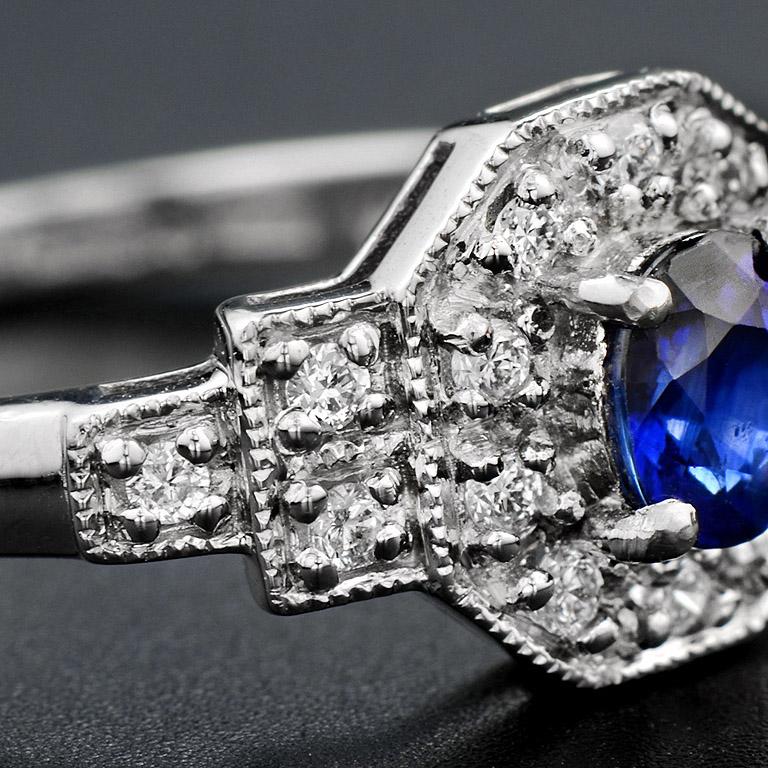 Donna Anello di fidanzamento in stile Art Deco con zaffiro blu di Ceylon e diamante in Whiting 18 carati in vendita