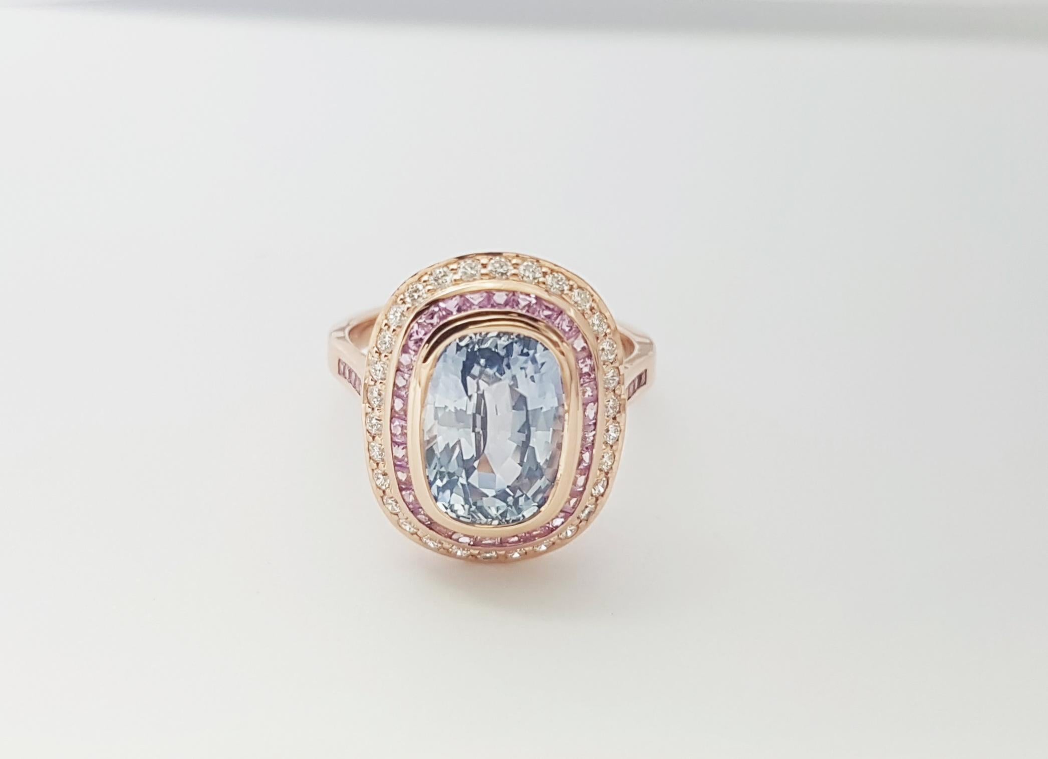 Ceylon Blue Sapphire with Pink Sapphire and Diamond Ring set in 18K Rose Gold For Sale 5