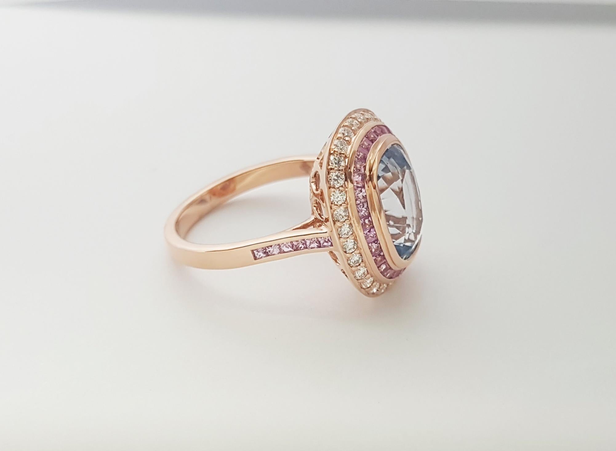 Ceylon Blue Sapphire with Pink Sapphire and Diamond Ring set in 18K Rose Gold For Sale 6