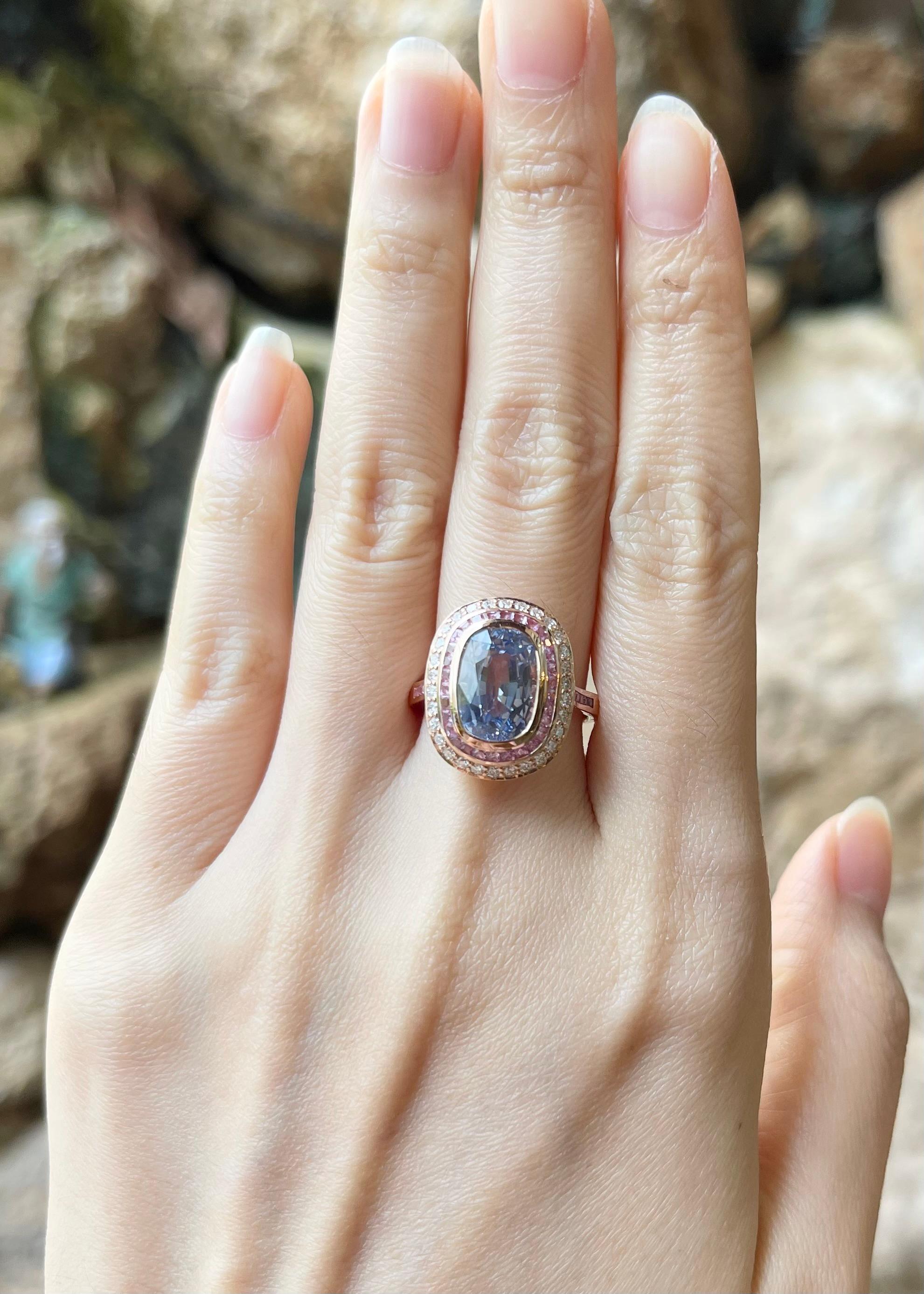 Ceylon Blue Sapphire 4.74 carats with Pink Sapphire 0.67 carat and Diamond 0.36 carat Ring set in 18K Rose Gold Settings

Width:  1.5 cm 
Length: 1.8 cm
Ring Size: 55
Total Weight: 6.80 grams

