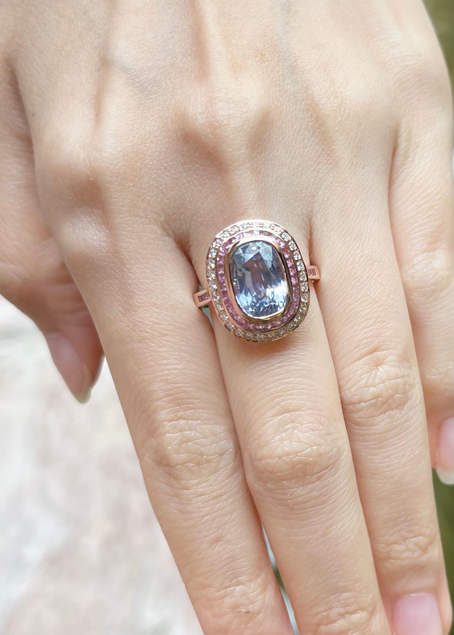 Mixed Cut Ceylon Blue Sapphire with Pink Sapphire and Diamond Ring set in 18K Rose Gold For Sale