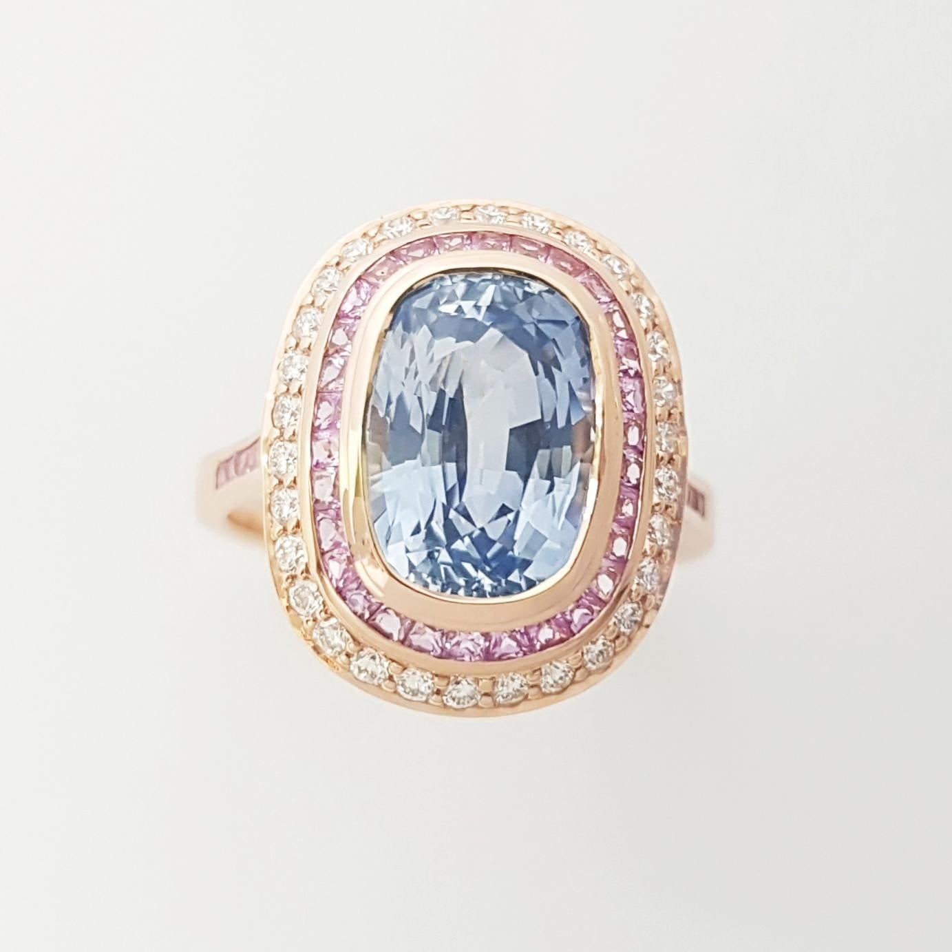 Ceylon Blue Sapphire with Pink Sapphire and Diamond Ring set in 18K Rose Gold For Sale 2