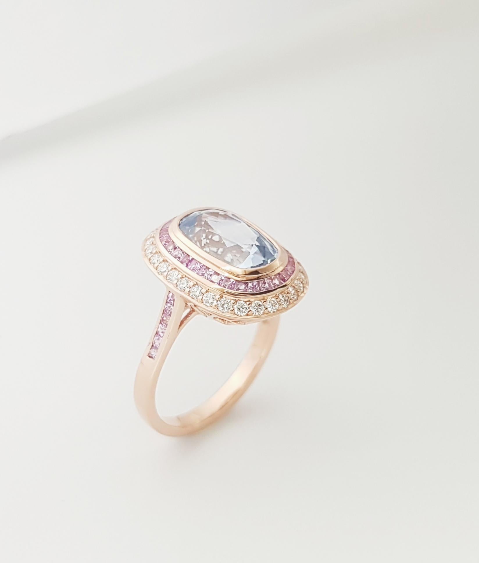 Ceylon Blue Sapphire with Pink Sapphire and Diamond Ring set in 18K Rose Gold For Sale 3