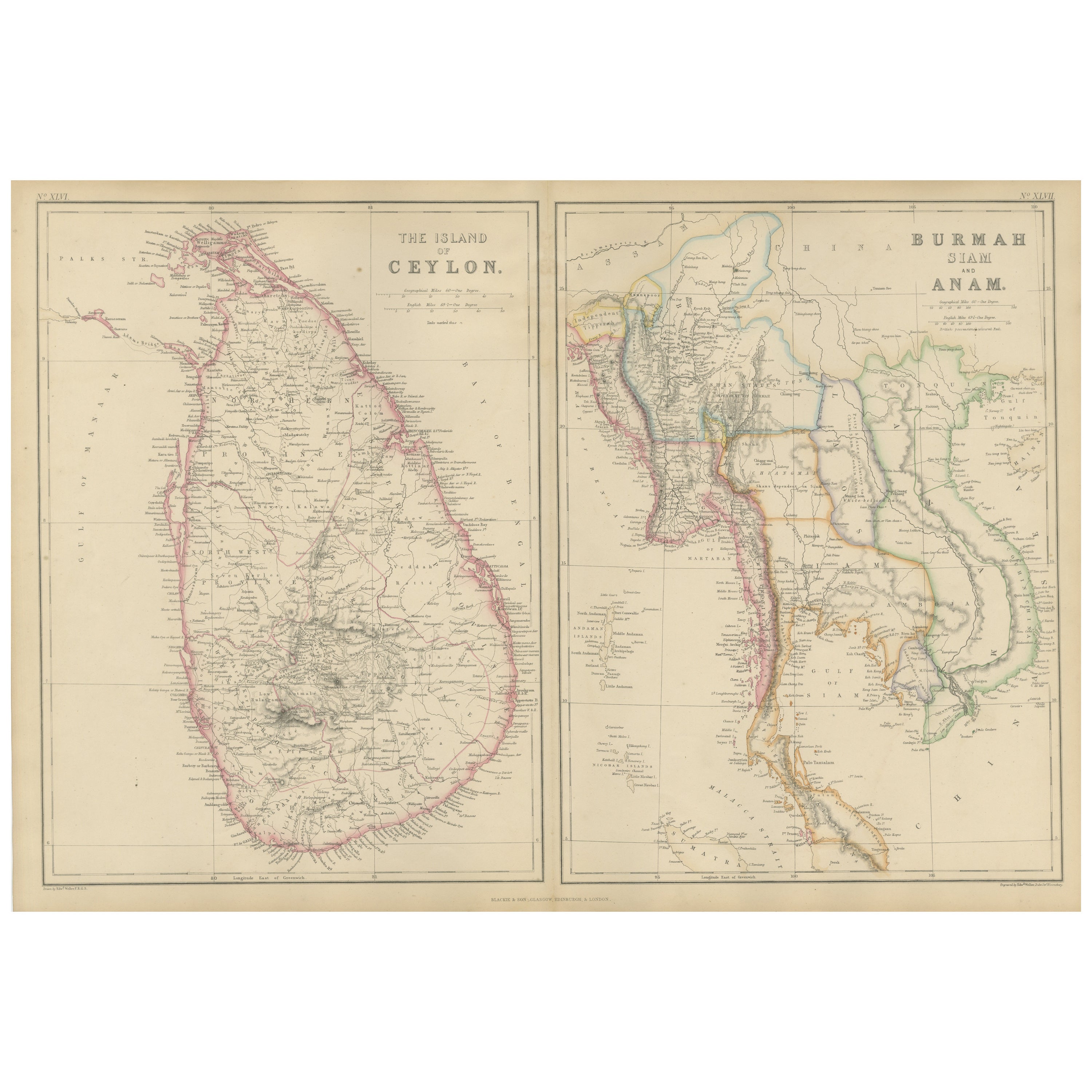 Ceylan, Burmah, Siam et Antiques, carte ancienne de l'Asie du Sud et du Southeast Asia, 1860