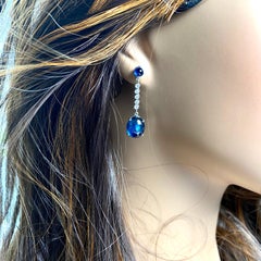 Ceylon Cabochon Sapphire 11.85 Diamond 0.40 Carat White Gold 1 .30 Inch Earrings