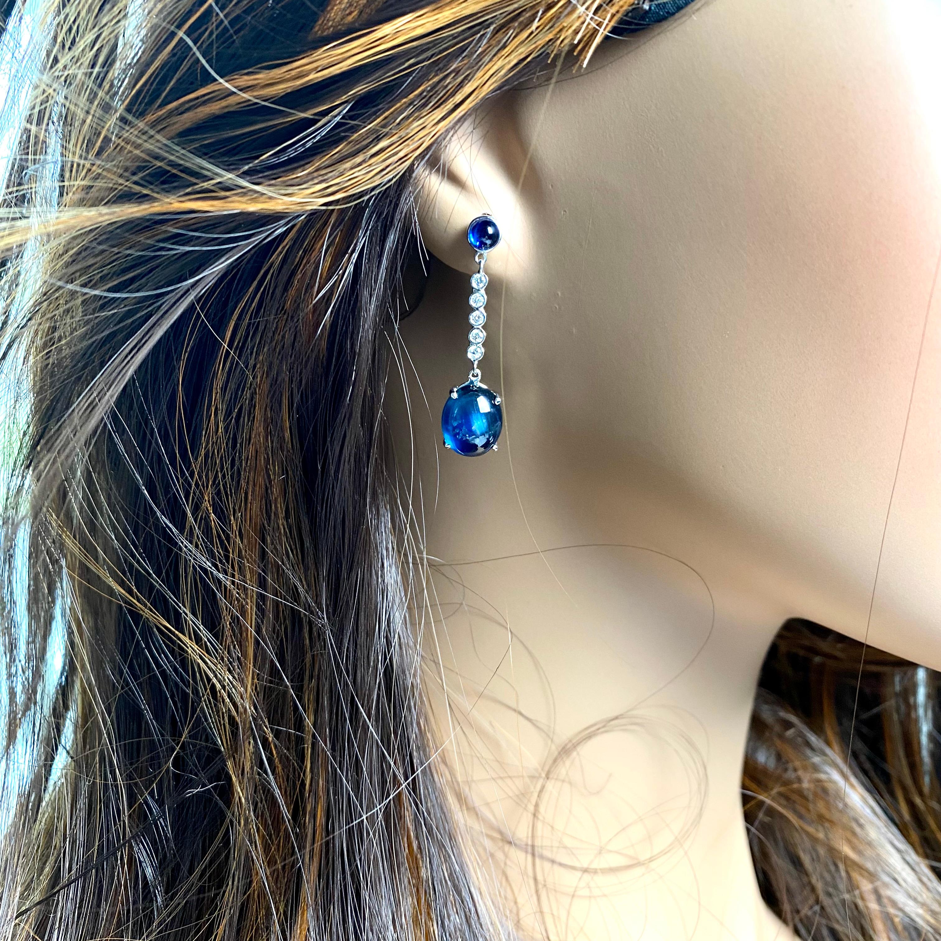 Ceylon Cabochon Sapphire 11.85 Diamond 0.40 Carat White Gold 1 .30 Inch Earrings In New Condition In New York, NY