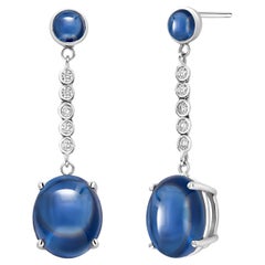 Ceylon Cabochon Sapphire 11.85 Diamond 0.40 Carat White Gold 1 .30 Inch Earrings