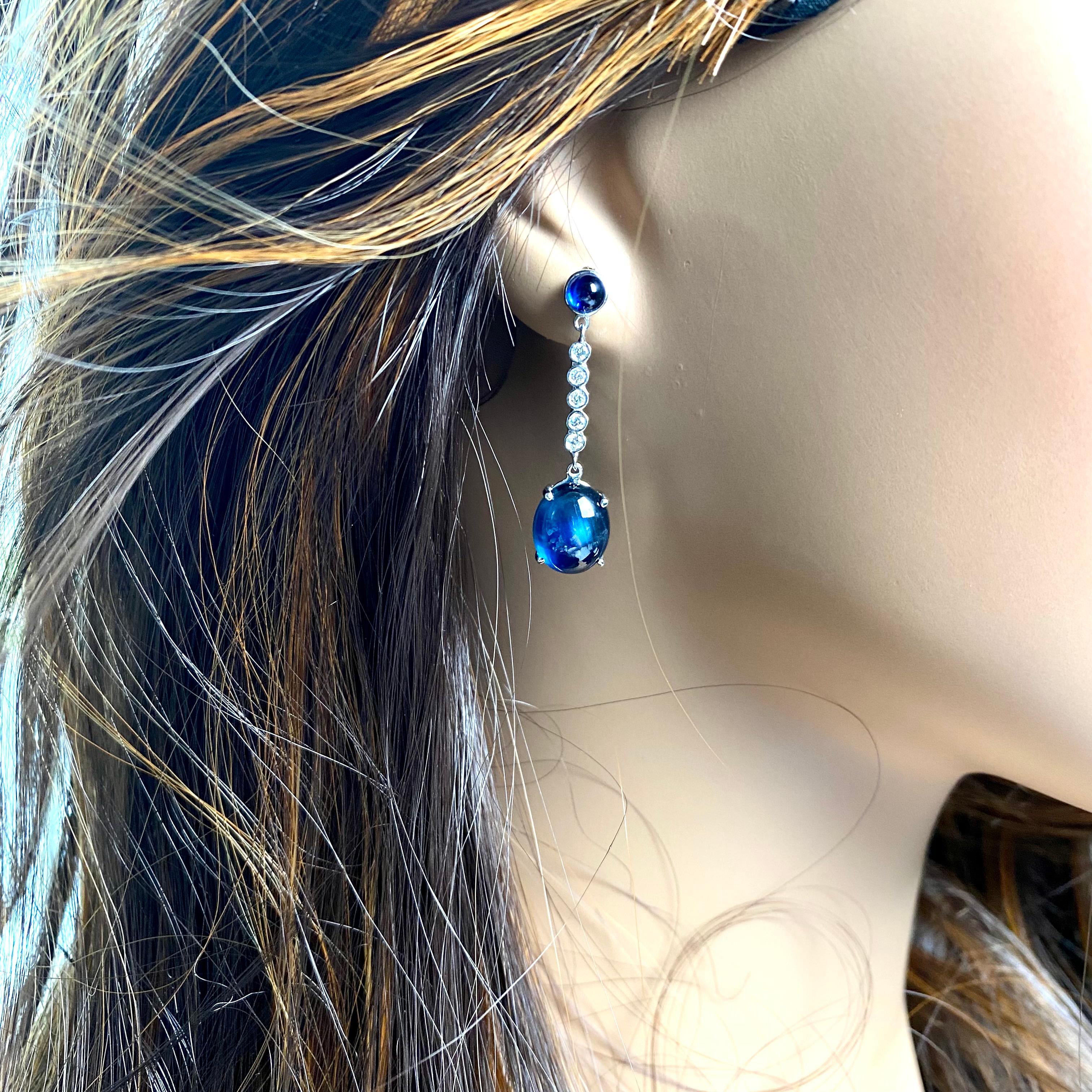 Ceylon Cabochon Sapphire 11.85 Diamond 0.30 Carat White Gold 1 .30 Inch Earrings 1