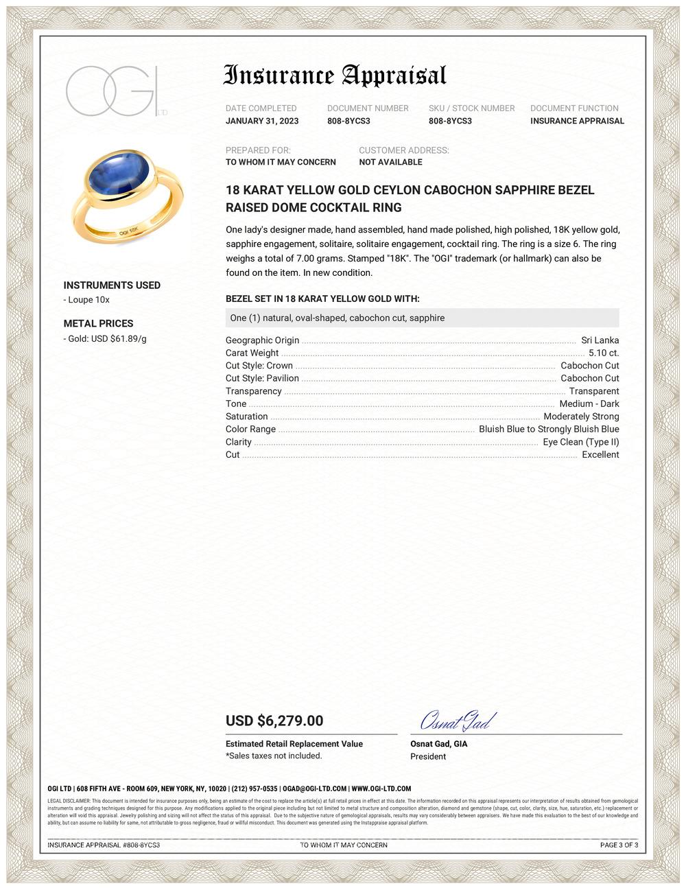 Achtzehn Karat Gelbgold erhöht Lünette bündig gesetzt gewölbt Cocktail-Ring.
Ceylon-Saphir in ovaler Cabochon-Form mit einem Gewicht von 5,10 Karat 
Der 5,10 Karat schwere Ceylon Cabochon Sapphire Raised Dome Yellow Gold Solitaire Cocktail Ring ist
