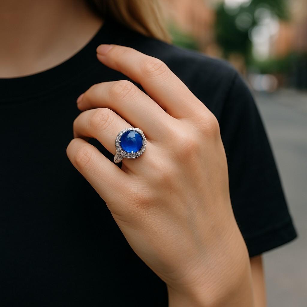 Introducing our exquisite 18 Karat White Gold Vintage Cocktail Ring, a timeless piece that exudes elegance and sophistication. At its heart lies a captivating Ceylon Cabochon Sapphire, weighing a substantial 8.33 carats. This mesmerizing center