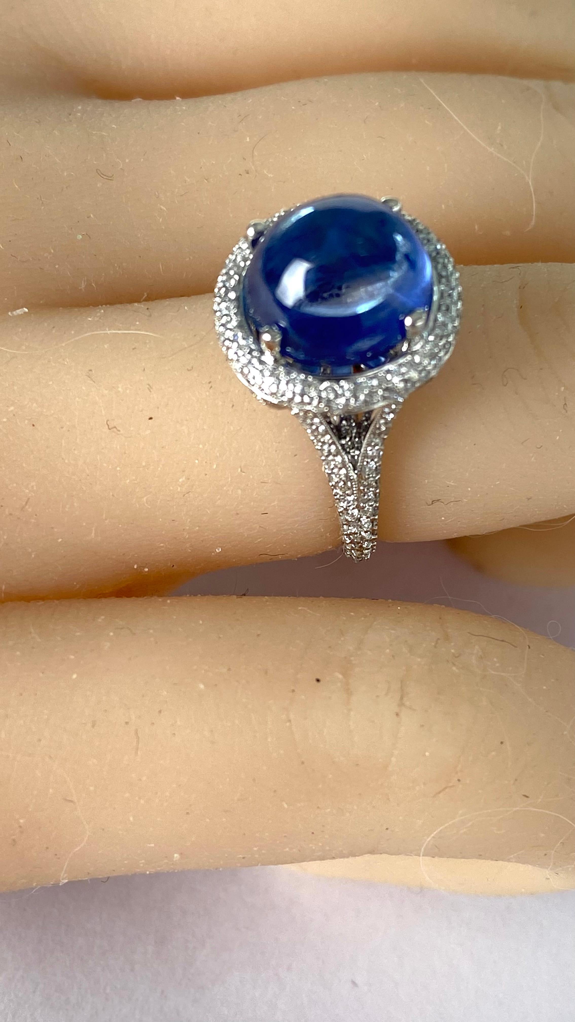 Ceylon Cabochon Sapphire 8.33 Carats Pave Set Diamonds 1.20 Carats Cluster Ring  For Sale 6
