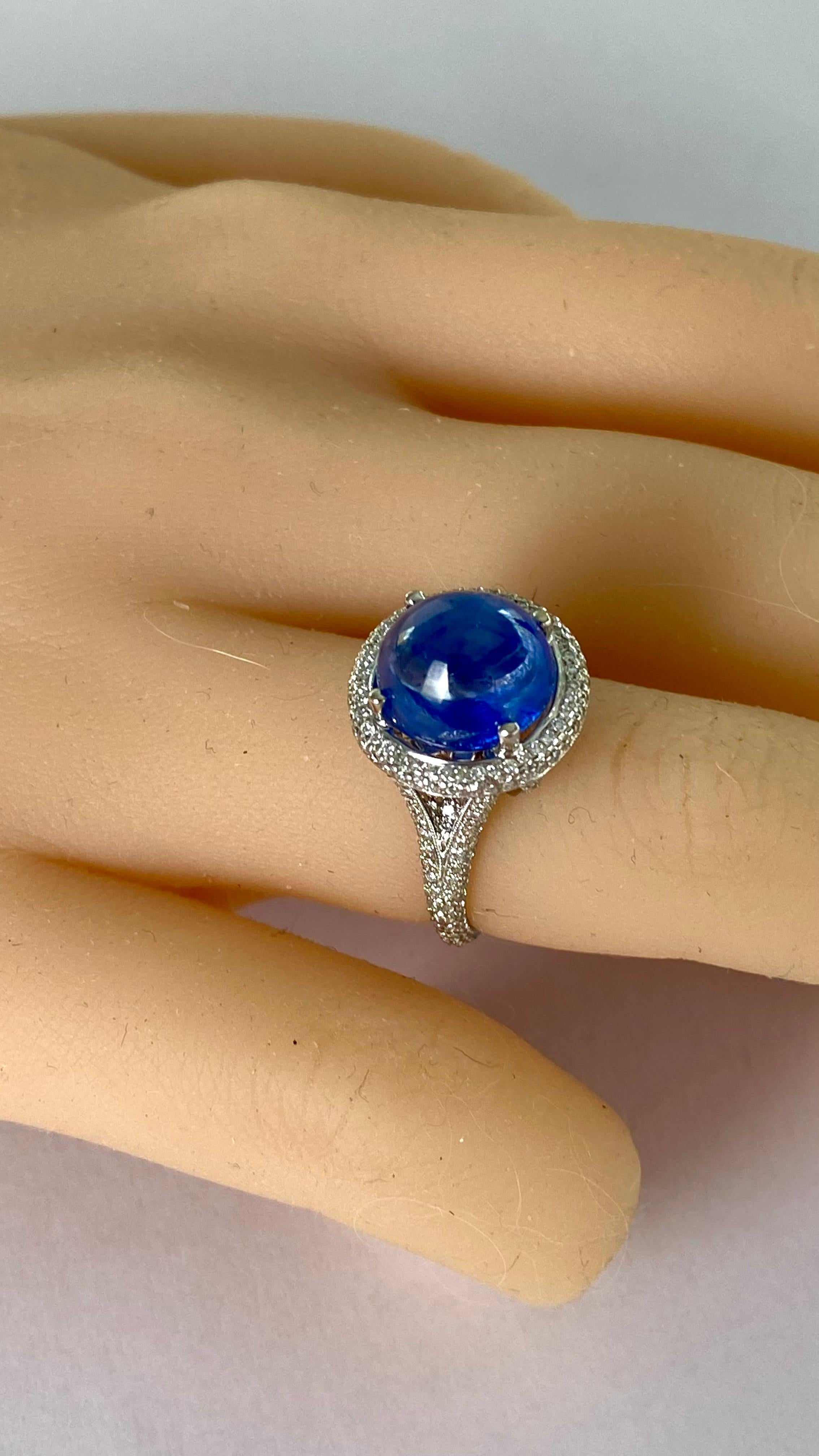 Women's Ceylon Cabochon Sapphire 8.33 Carats Pave Set Diamonds 1.20 Carats Cluster Ring  For Sale