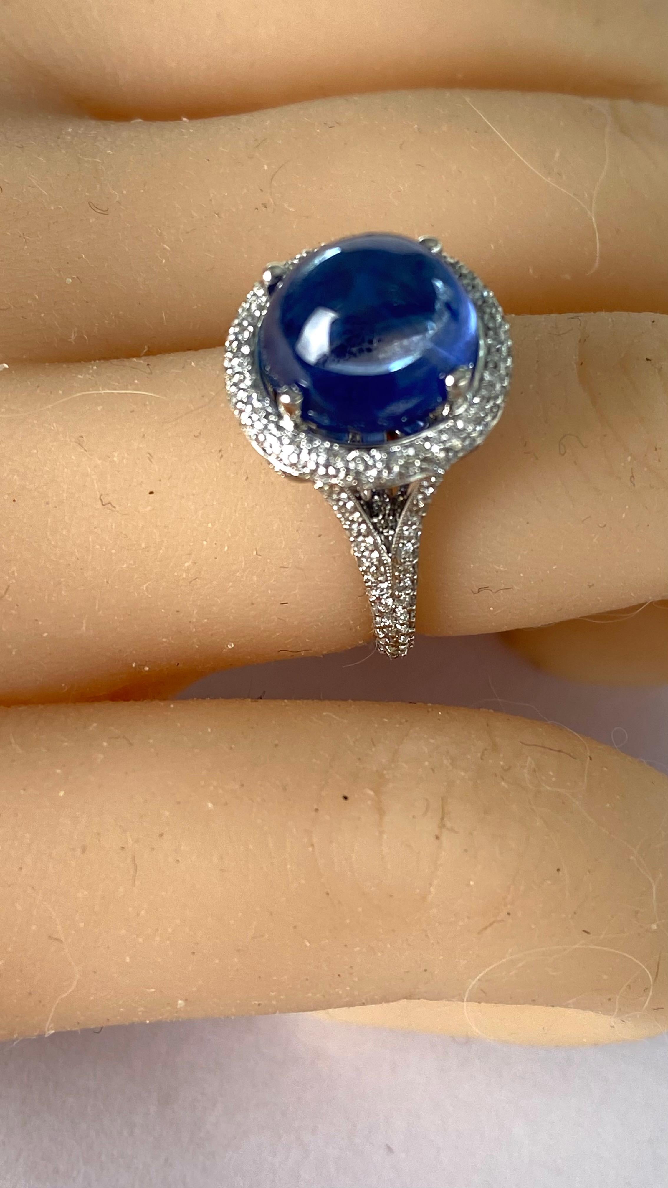 Ceylon Cabochon Sapphire 8.33 Carats Pave Set Diamonds 1.20 Carats Cluster Ring  For Sale 1