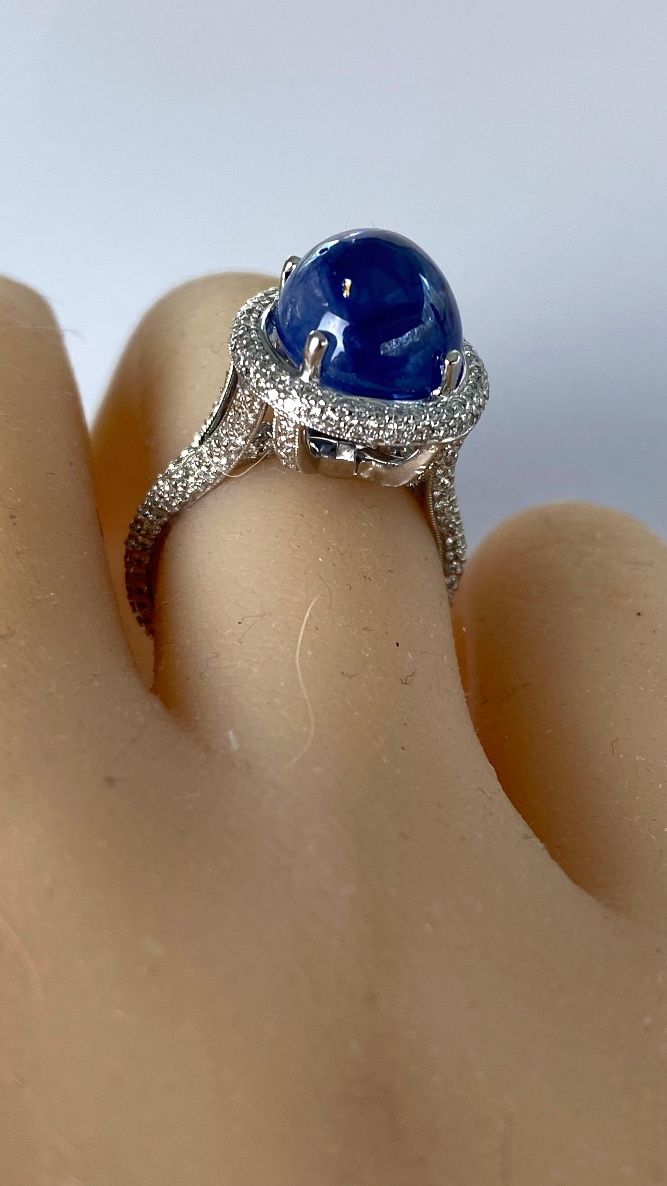 Ceylon Cabochon Sapphire 8.33 Carats Pave Set Diamonds 1.20 Carats Cluster Ring  For Sale 3