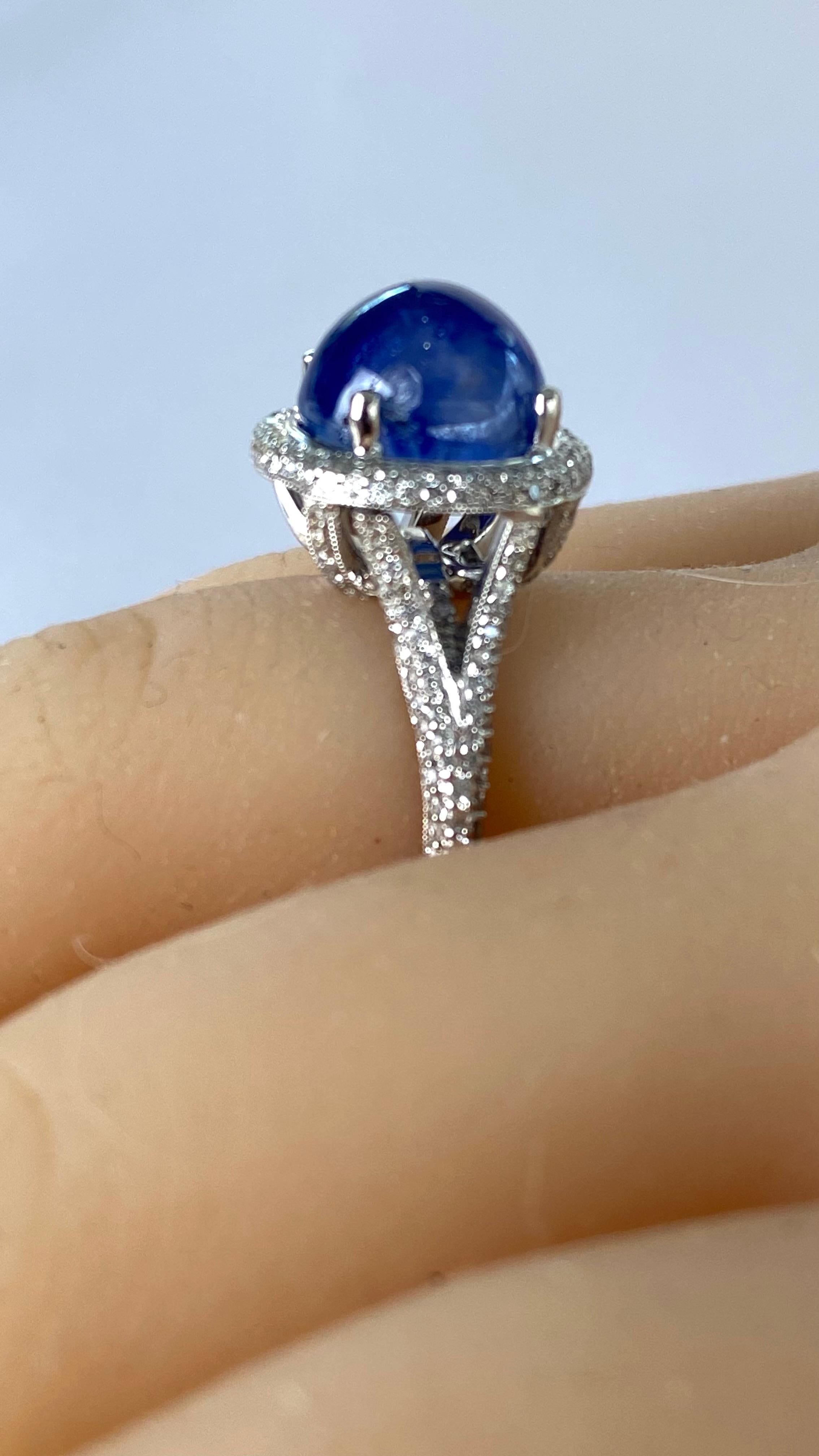 Ceylon Cabochon Sapphire 8.33 Carats Pave Set Diamonds 1.20 Carats Cluster Ring  For Sale 4
