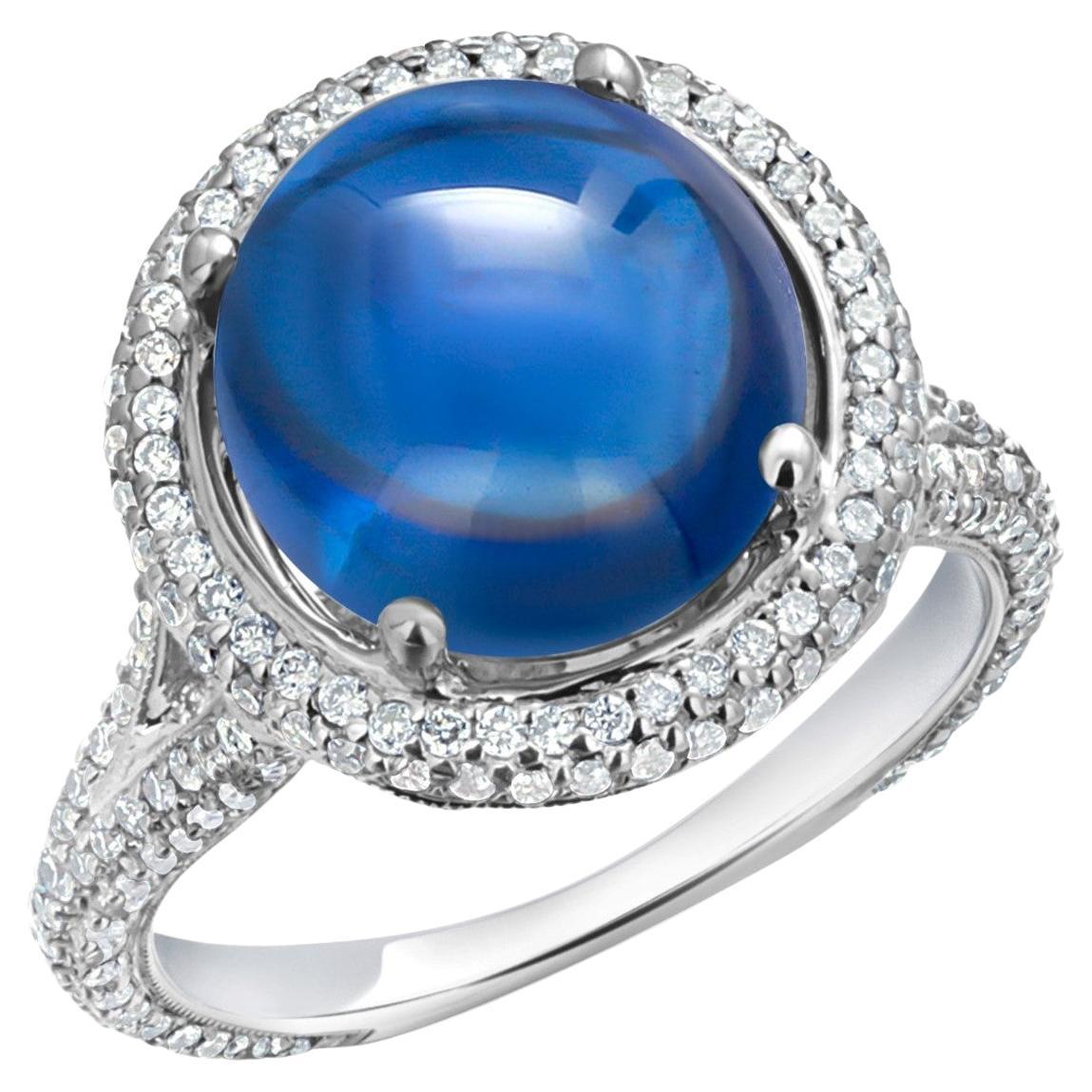 Ceylon Cabochon Sapphire 8.33 Carats Pave Set Diamonds 1.20 Carats Cluster Ring  For Sale