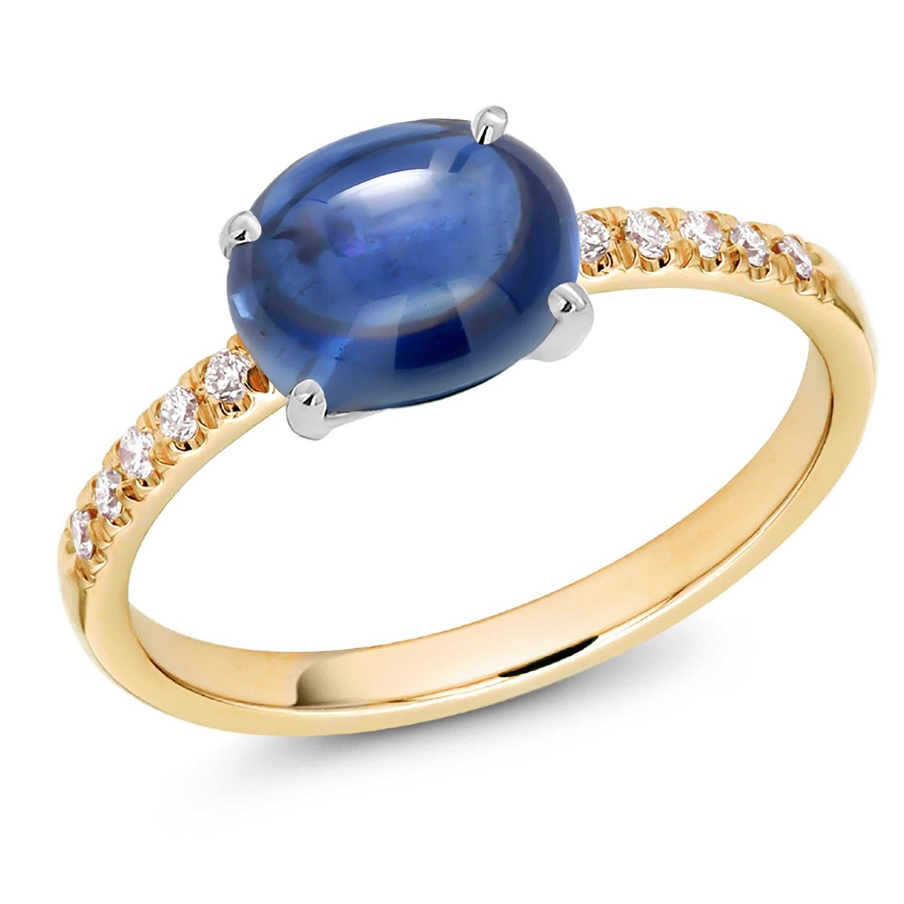 Oval Cut Ceylon Cabochon Sapphire Diamond 3.65 Carat Yellow and White Gold Size 7 Ring For Sale