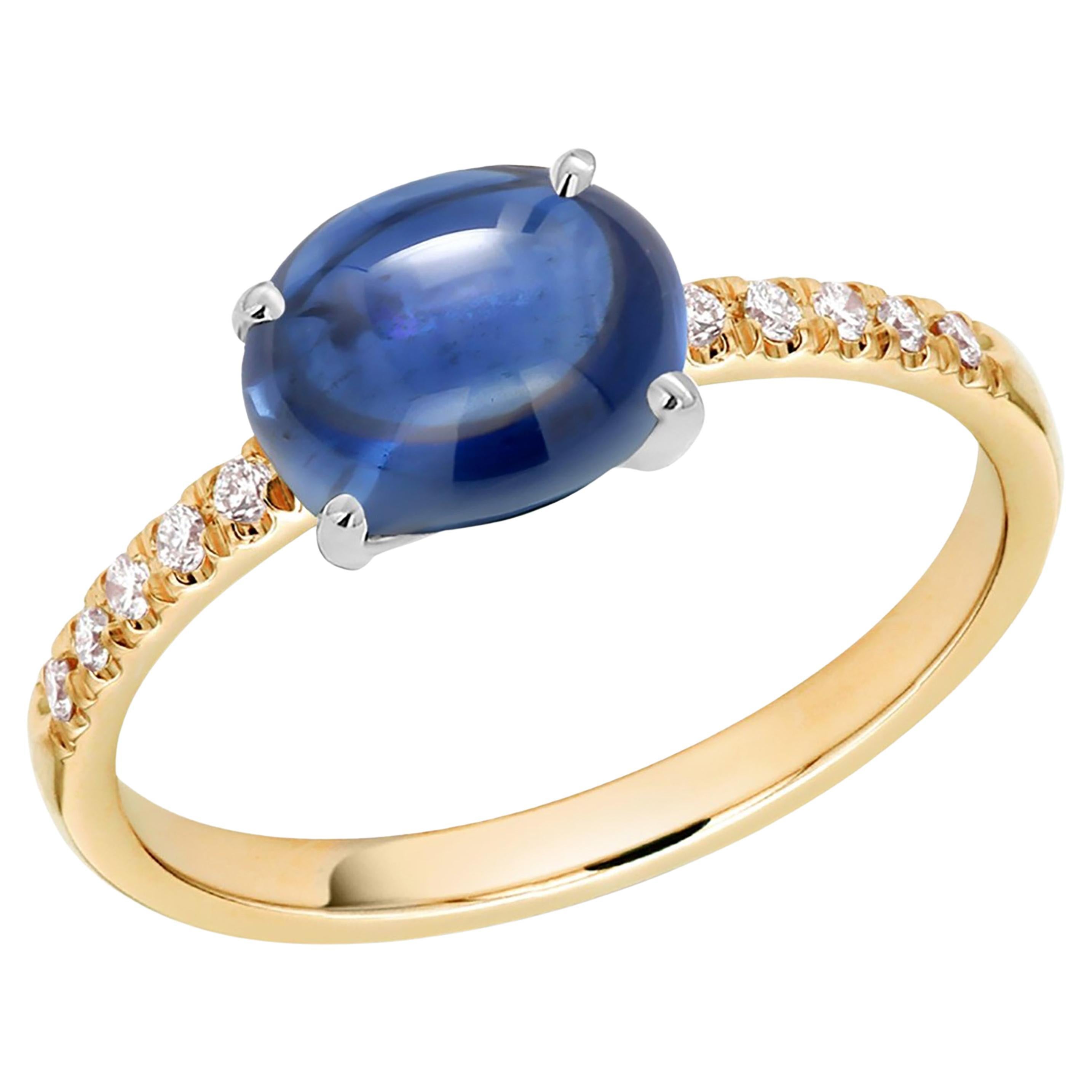 Ceylon Cabochon Sapphire Diamond 3.65 Carat Yellow and White Gold Size 7 Ring For Sale