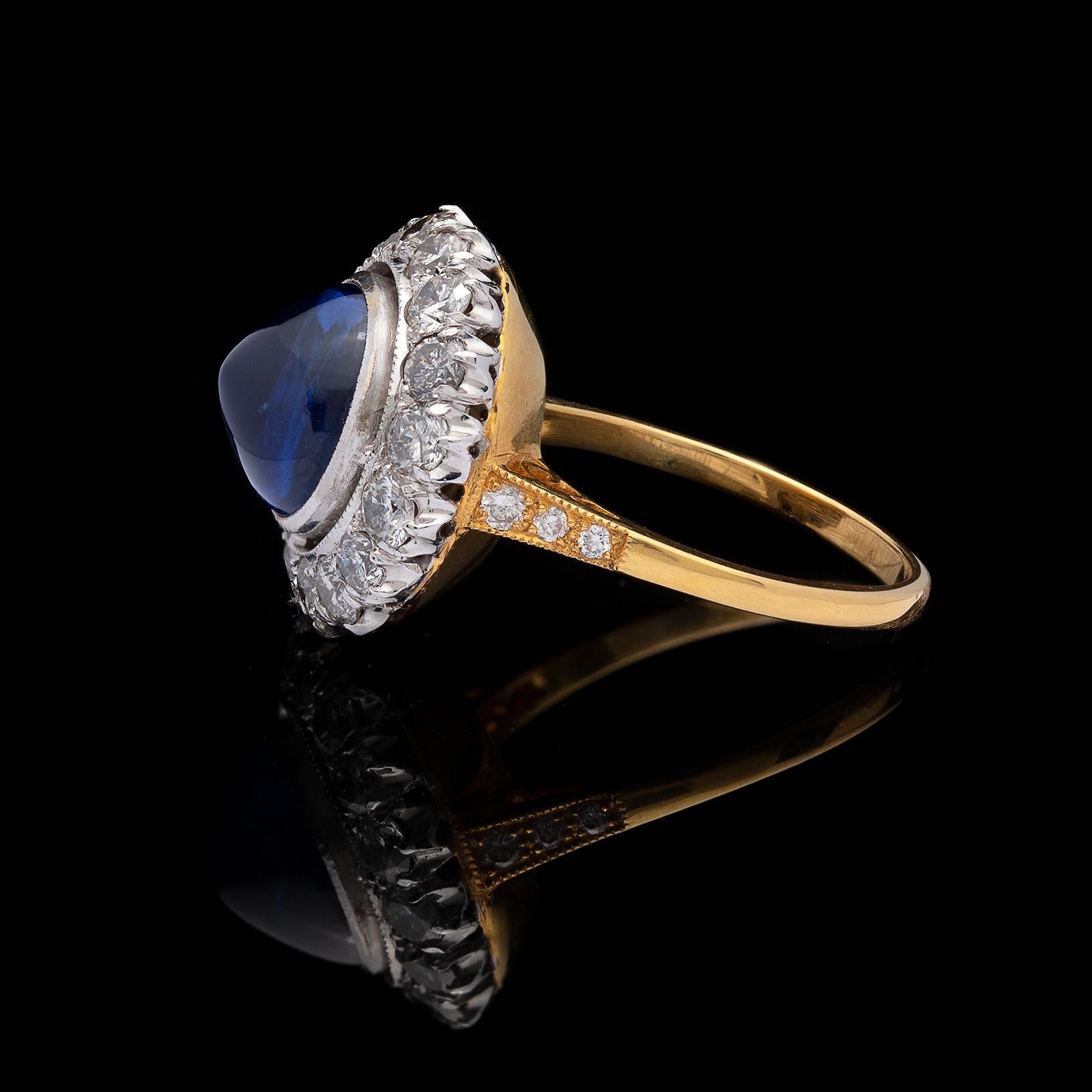 Ceylon Cabochon Sapphire and Diamond Ring In Excellent Condition In San Francisco, CA