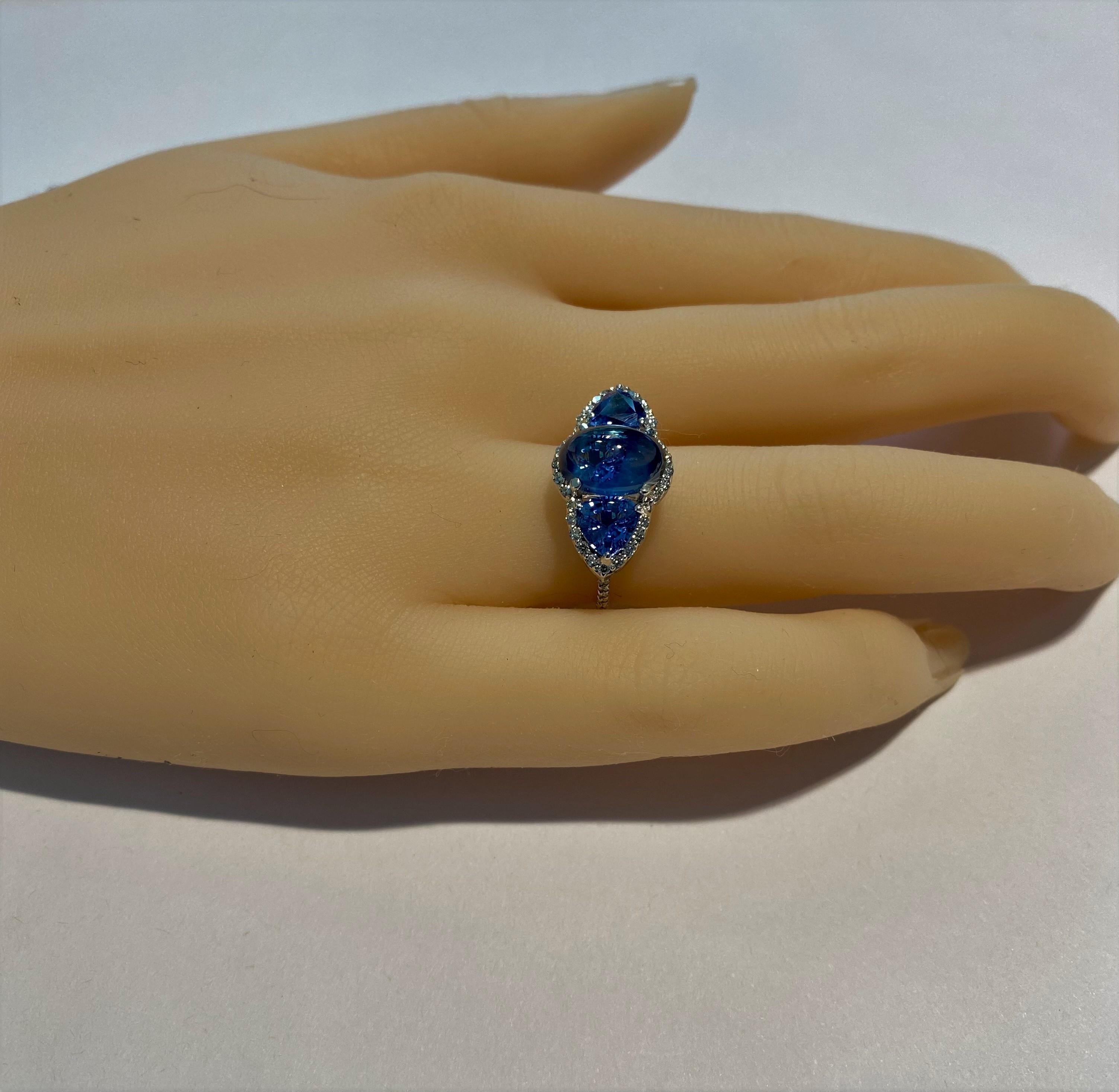 Ceylon Cabochon Sapphire Trillion Blue Sapphires Diamond Cocktail Cluster Ring 4