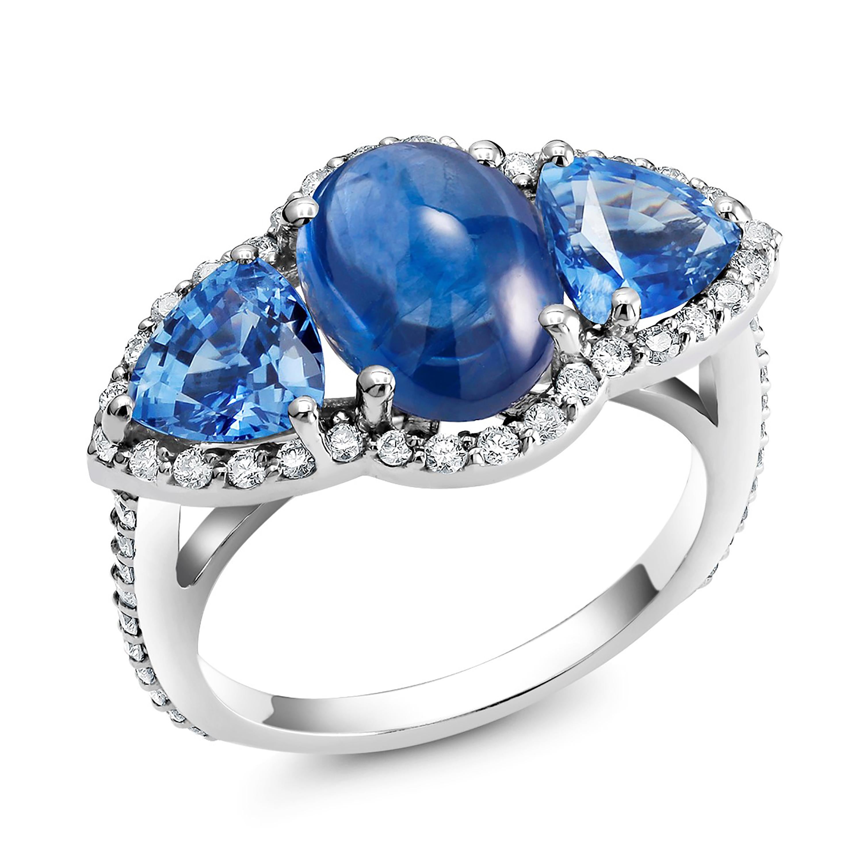Ceylon Cabochon Sapphire Trillion Blue Sapphires Diamond Cocktail Cluster Ring 1