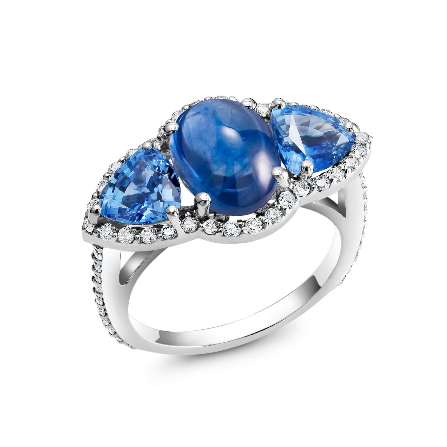 Ceylon Cabochon Sapphire Trillion Blue Sapphires Diamond Cocktail Cluster Ring In New Condition In New York, NY