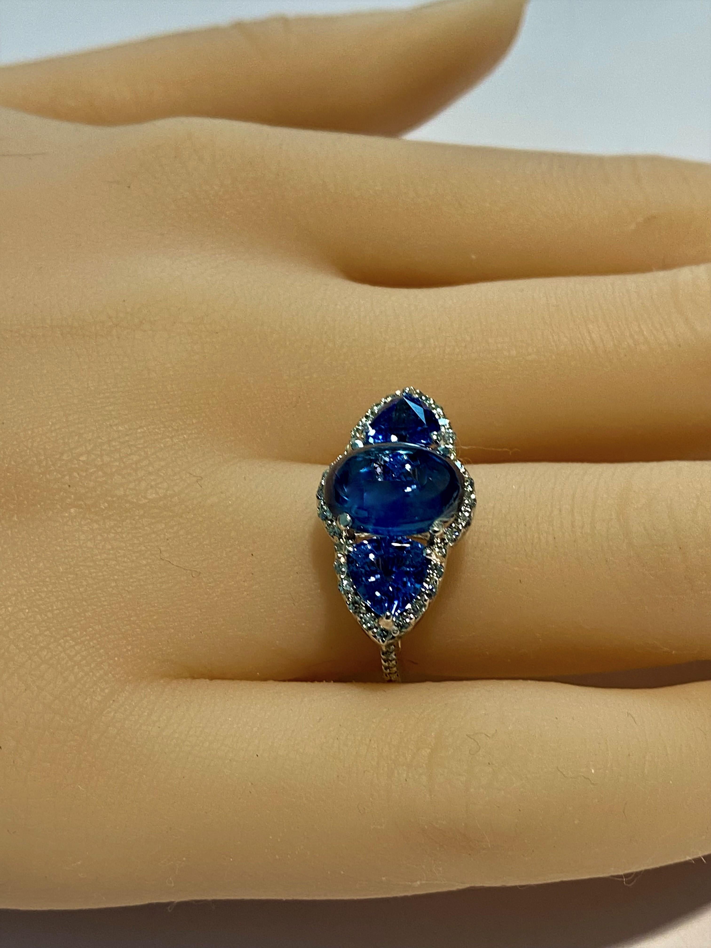 Cushion Cut Ceylon Cabochon Sapphire Trillion Blue Sapphires Diamond Cocktail Cluster Ring