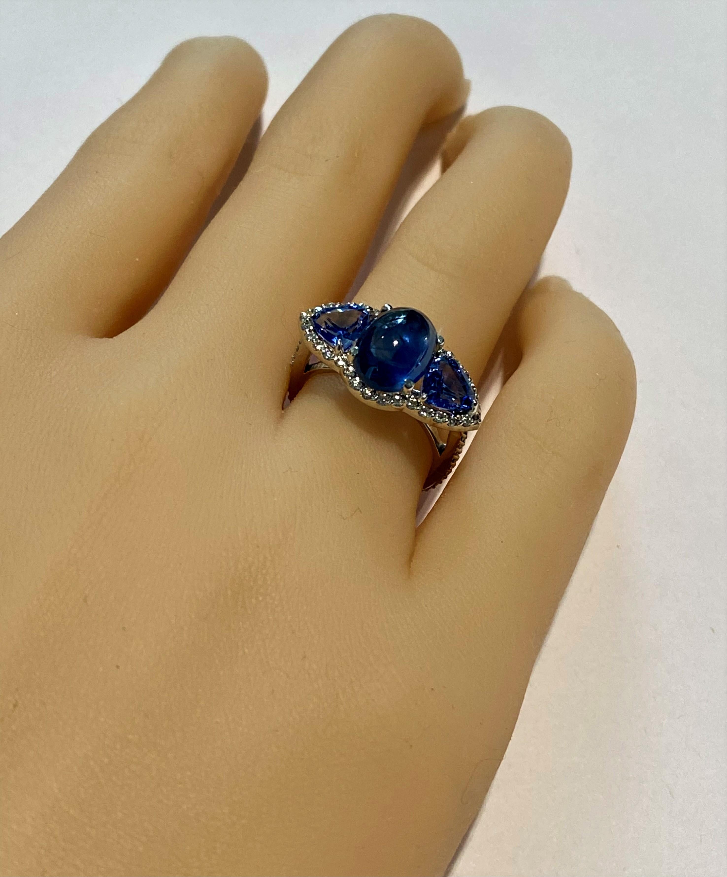 Women's Ceylon Cabochon Sapphire Trillion Blue Sapphires Diamond Cocktail Cluster Ring