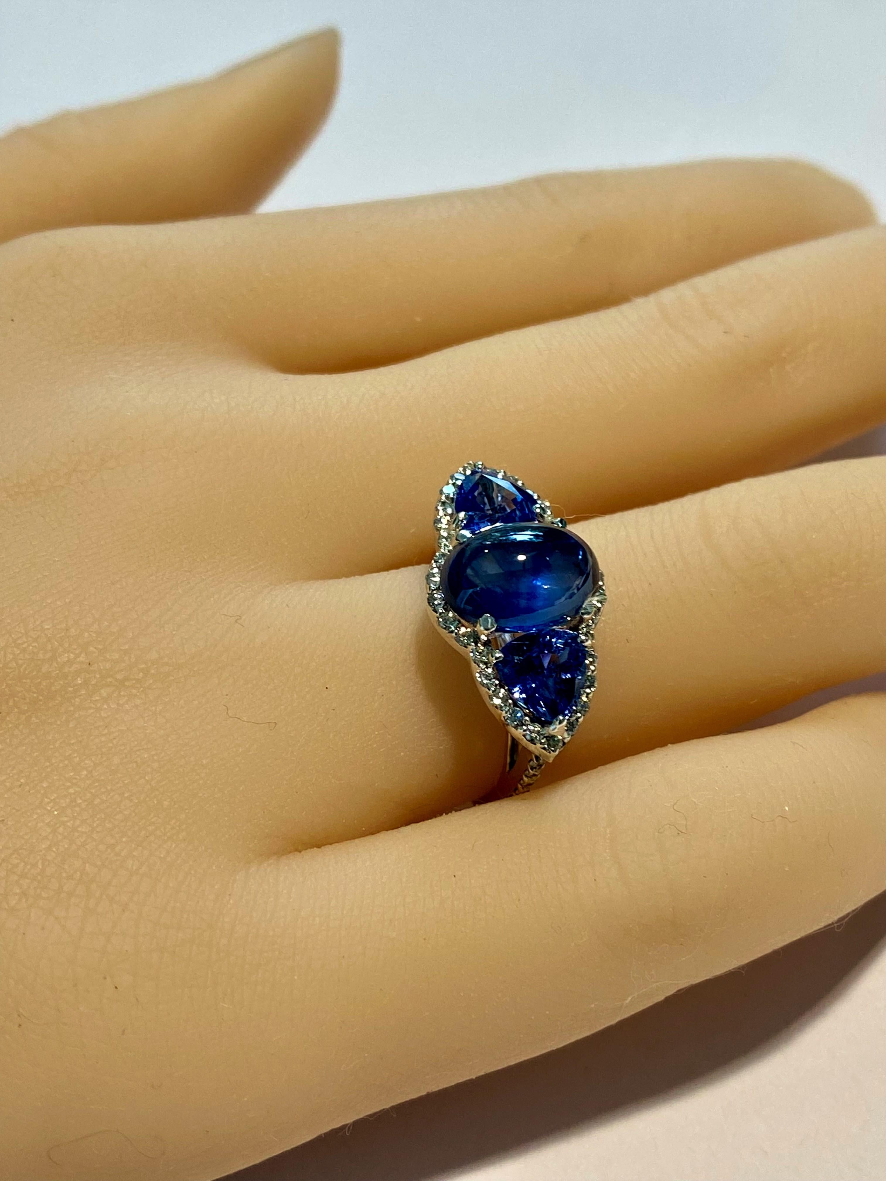 Ceylon Cabochon Sapphire Trillion Blue Sapphires Diamond Cocktail Cluster Ring 2