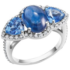 Ceylon Cabochon Sapphire Trillion Blue Sapphires Diamond Cocktail Cluster Ring