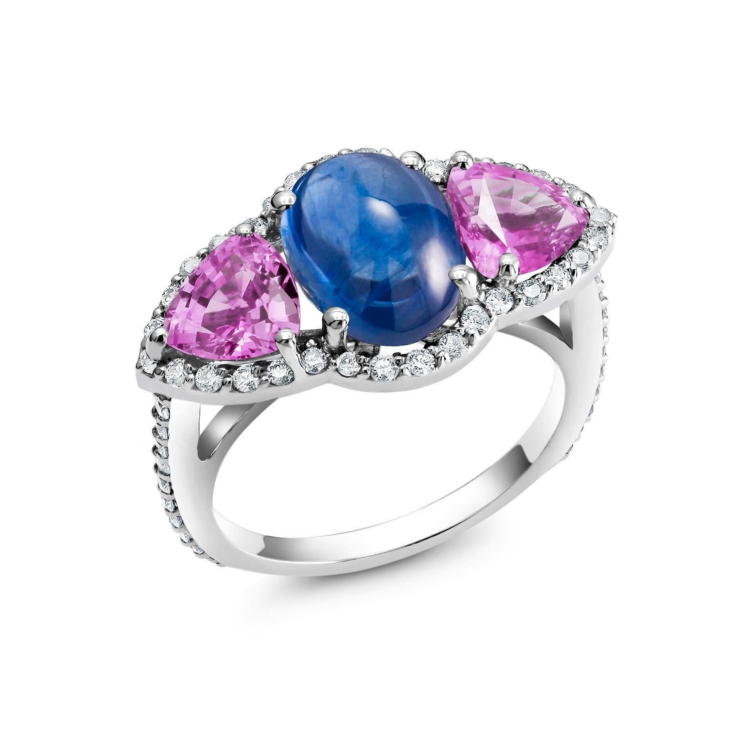 Women's Ceylon Cabochon Sapphire Trillion Pink Sapphires Diamond Cocktail Cluster Ring