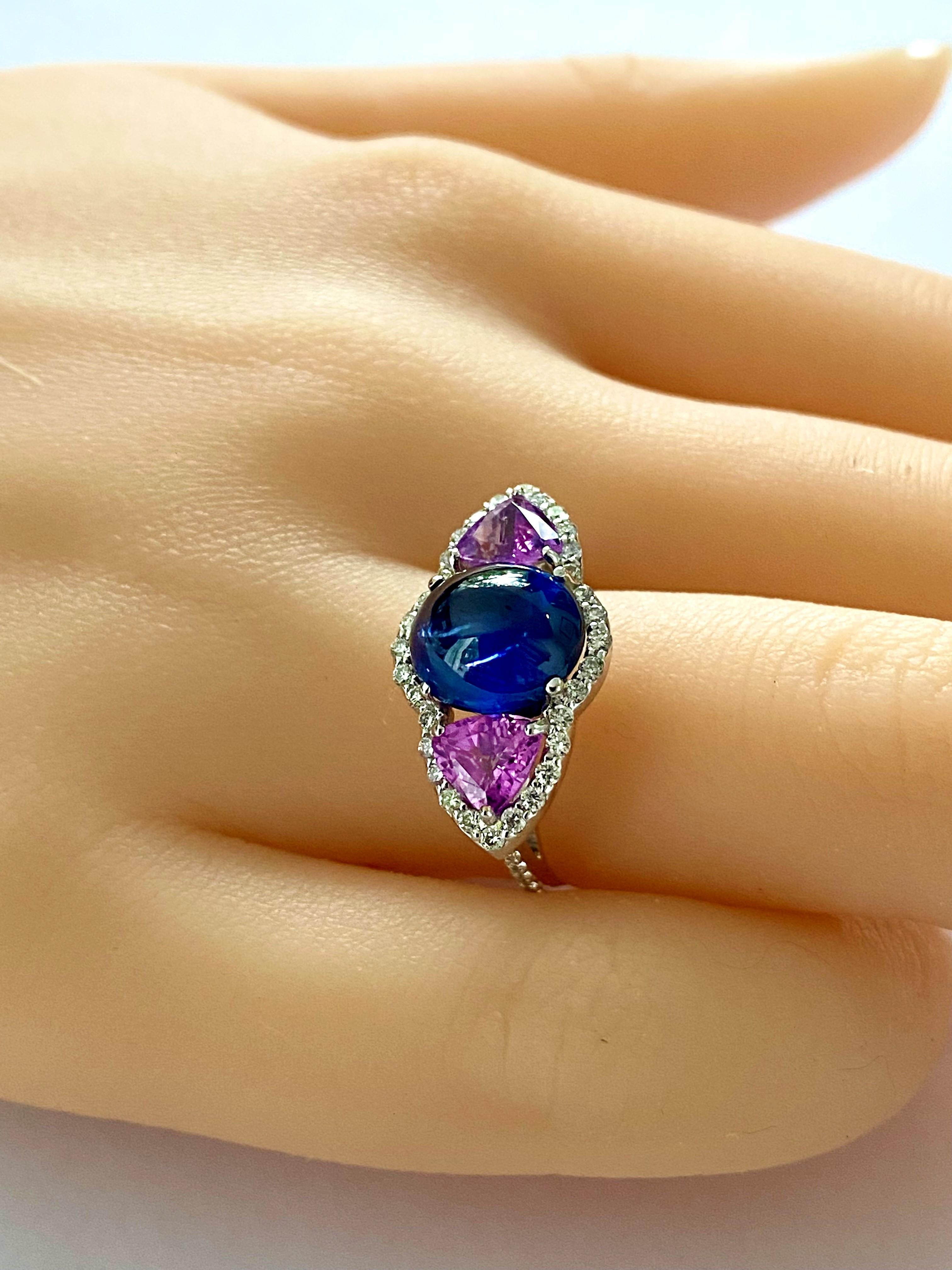 Contemporary Ceylon Cabochon Sapphire Trillion Pink Sapphires Diamond Cocktail Cluster Ring