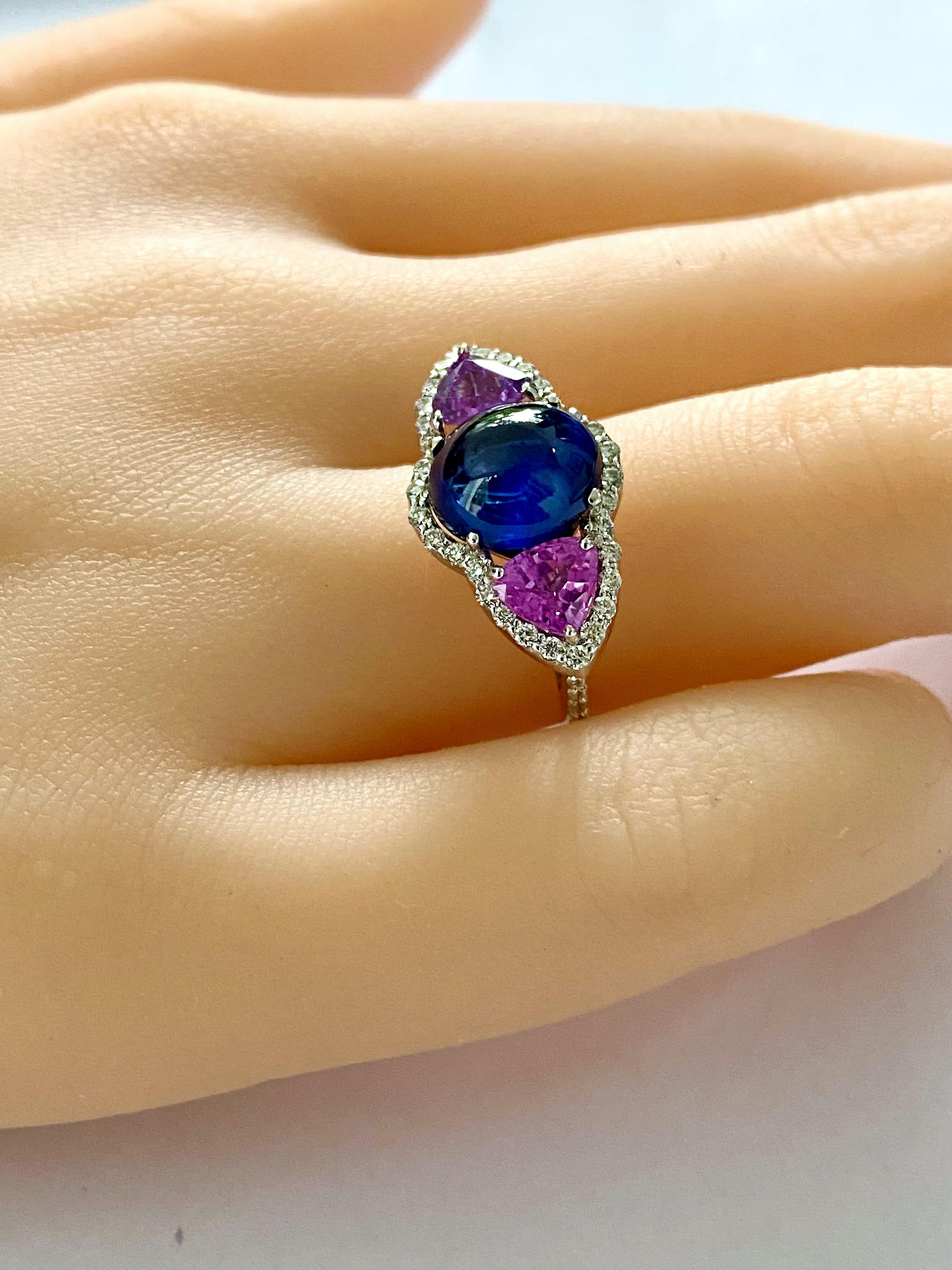 Ceylon Cabochon Sapphire Trillion Pink Sapphires Diamond Cocktail Cluster Ring In New Condition In New York, NY