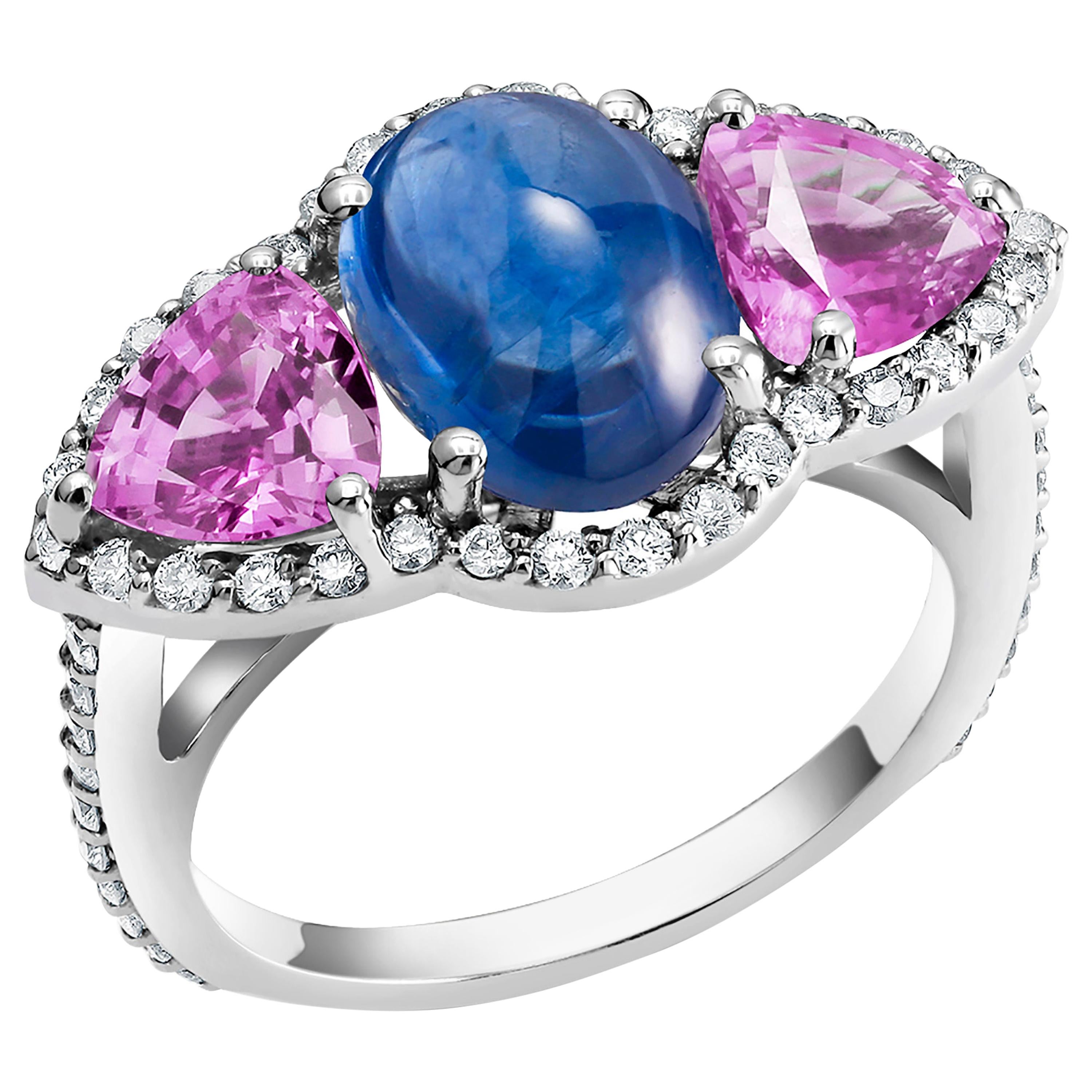 Ceylon Cabochon Sapphire Trillion Pink Sapphires Diamond Cocktail Cluster Ring