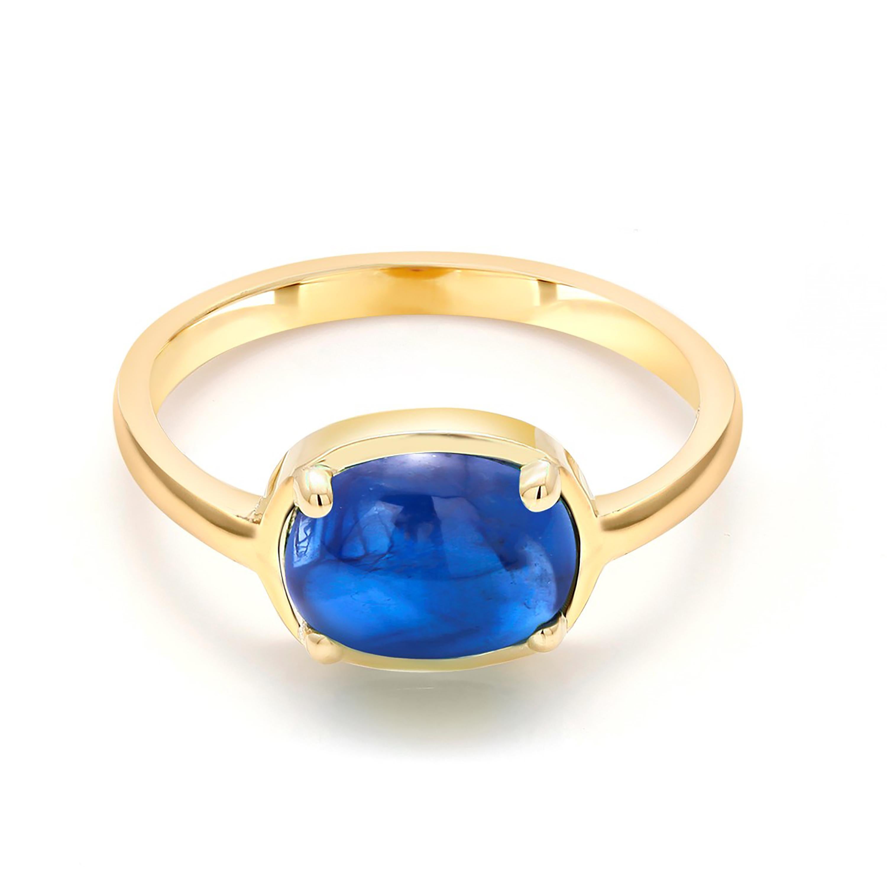 Eighteen karats yellow gold ring
Ceylon cabochon sapphire weighing  4.20 carat  
Sapphire measuring 10x8 millimeter                                                                      
Ring size 6 In Stock
The ring can be resized 
New Ring
Handmade