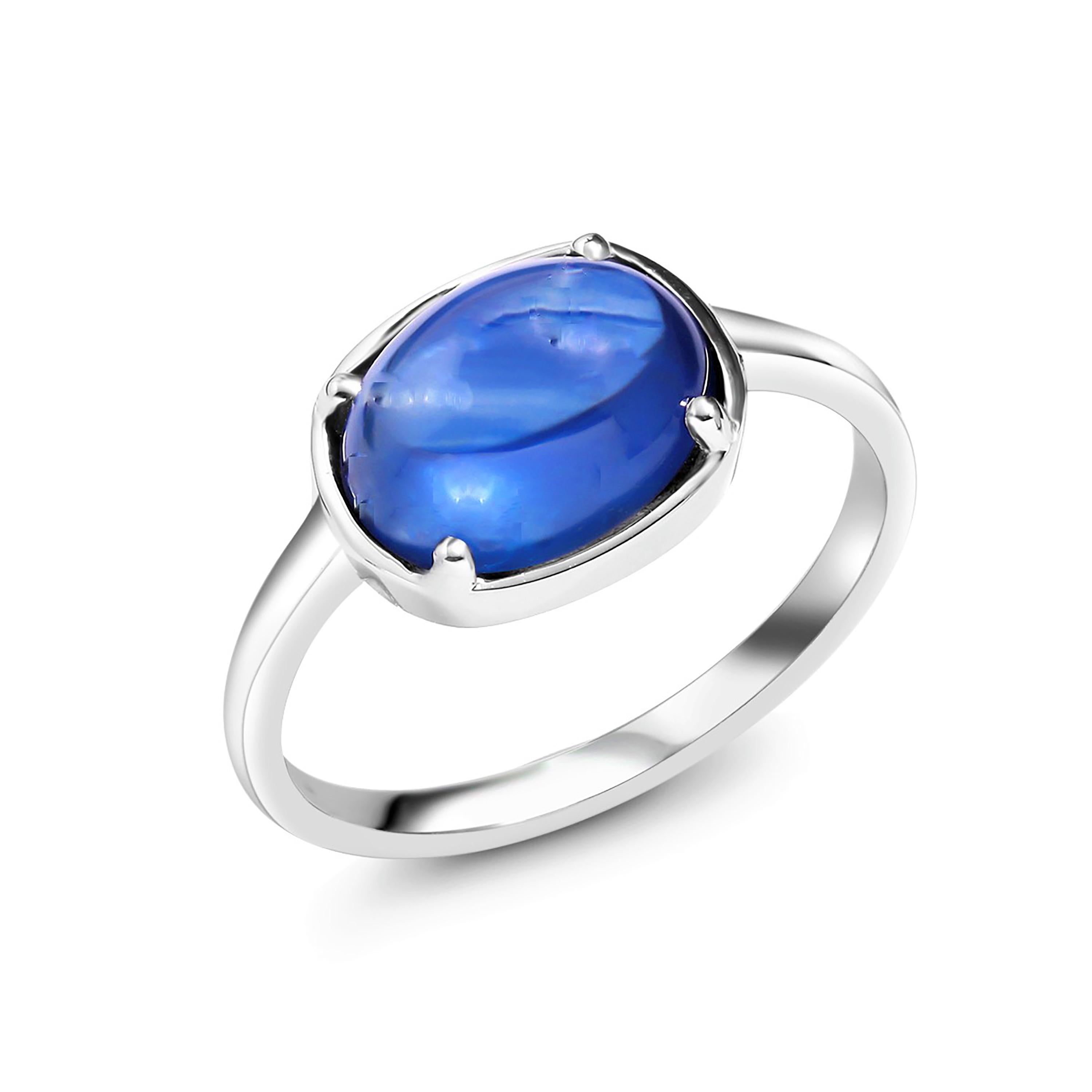 Eighteen karats white gold ring
Ceylon cabochon sapphire weighing  4.25 carat  
Sapphire measuring 10x8 millimeter                                                                      
Ring size 6 In Stock
The ring can be resized 
New Ring
Handmade