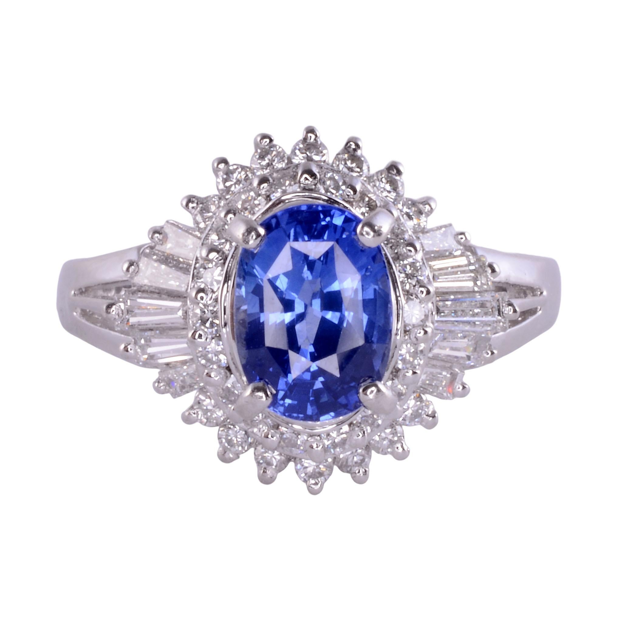 Ceylon Color Sapphire & Diamond Platinum Ring For Sale