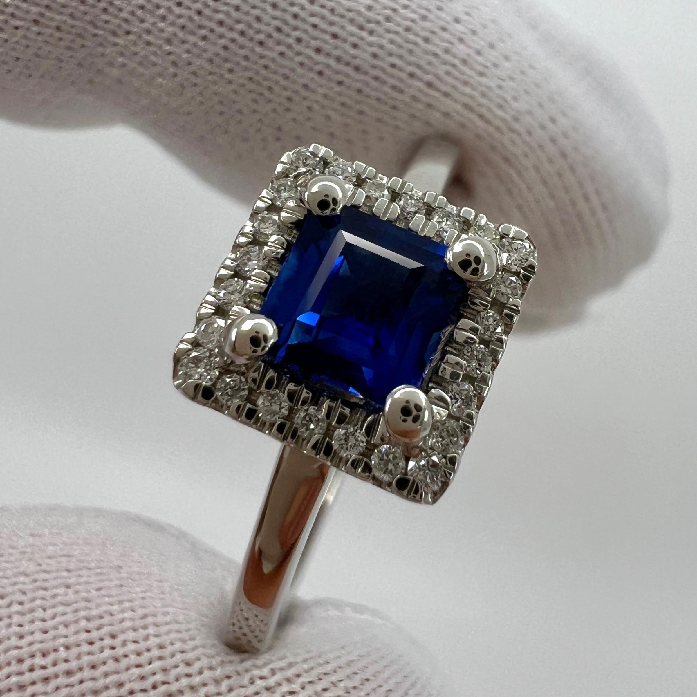 Princess Cut Ceylon Cornflower Blue Sapphire & Diamond Princess Square Cut Platinum Halo Ring For Sale