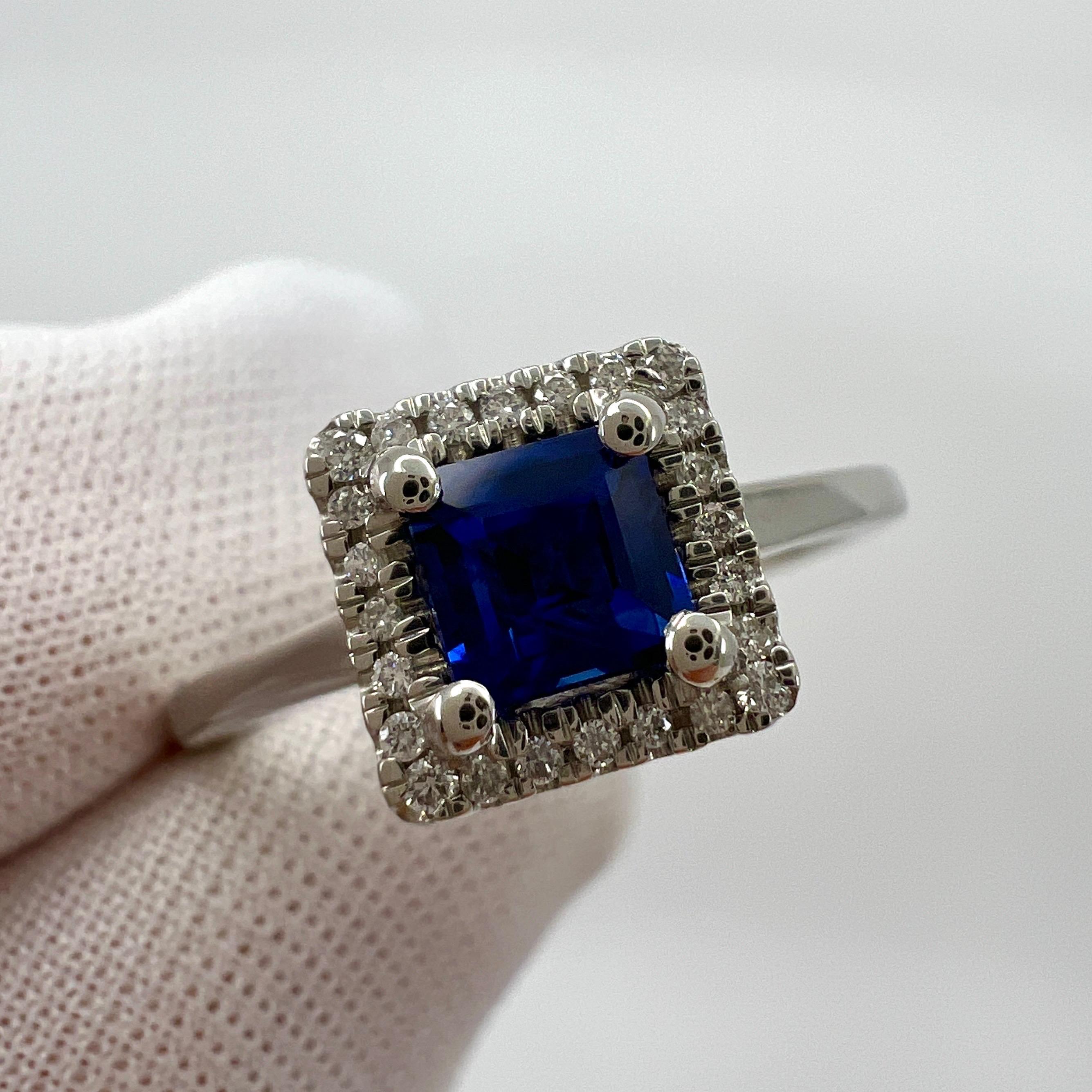 Ceylon Cornflower Blue Sapphire & Diamond Princess Square Cut Platinum Halo Ring In New Condition For Sale In Birmingham, GB