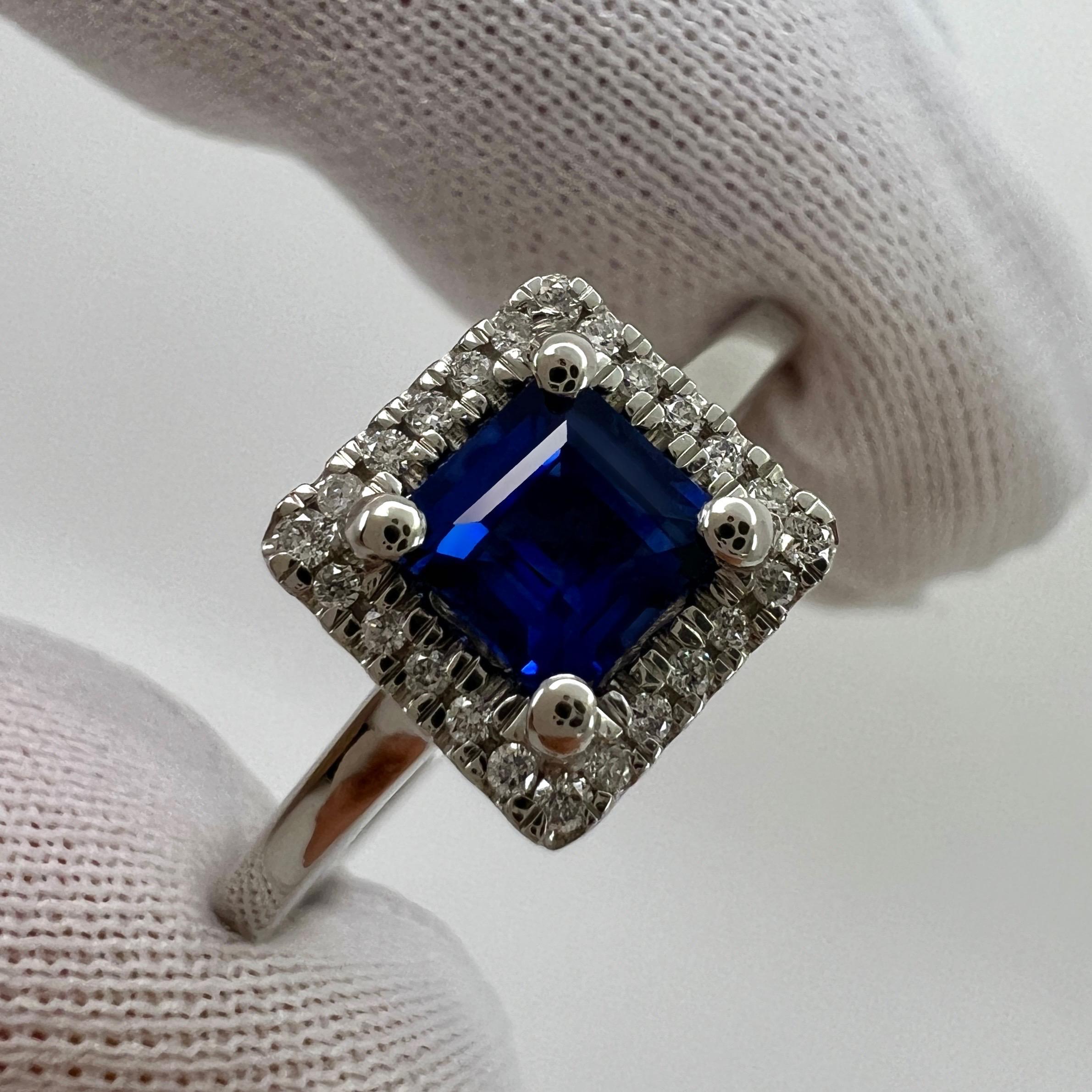 Ceylon Cornflower Blue Sapphire & Diamond Princess Square Cut Platinum Halo Ring For Sale 1