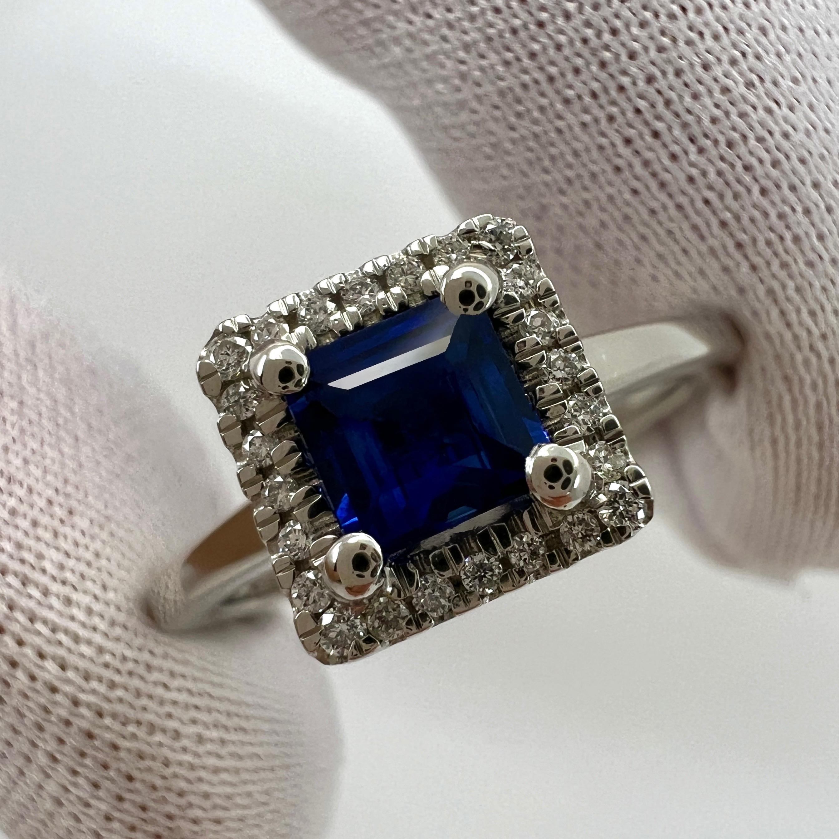 Ceylon Cornflower Blue Sapphire & Diamond Princess Square Cut Platinum Halo Ring For Sale 2