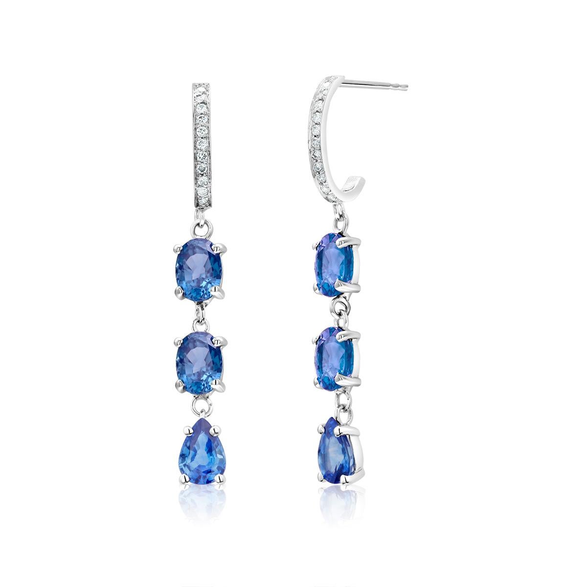 Oval Cut Triple Tiered Ceylon Blue Sapphires and Diamonds White Gold Drop Hoop Earrings