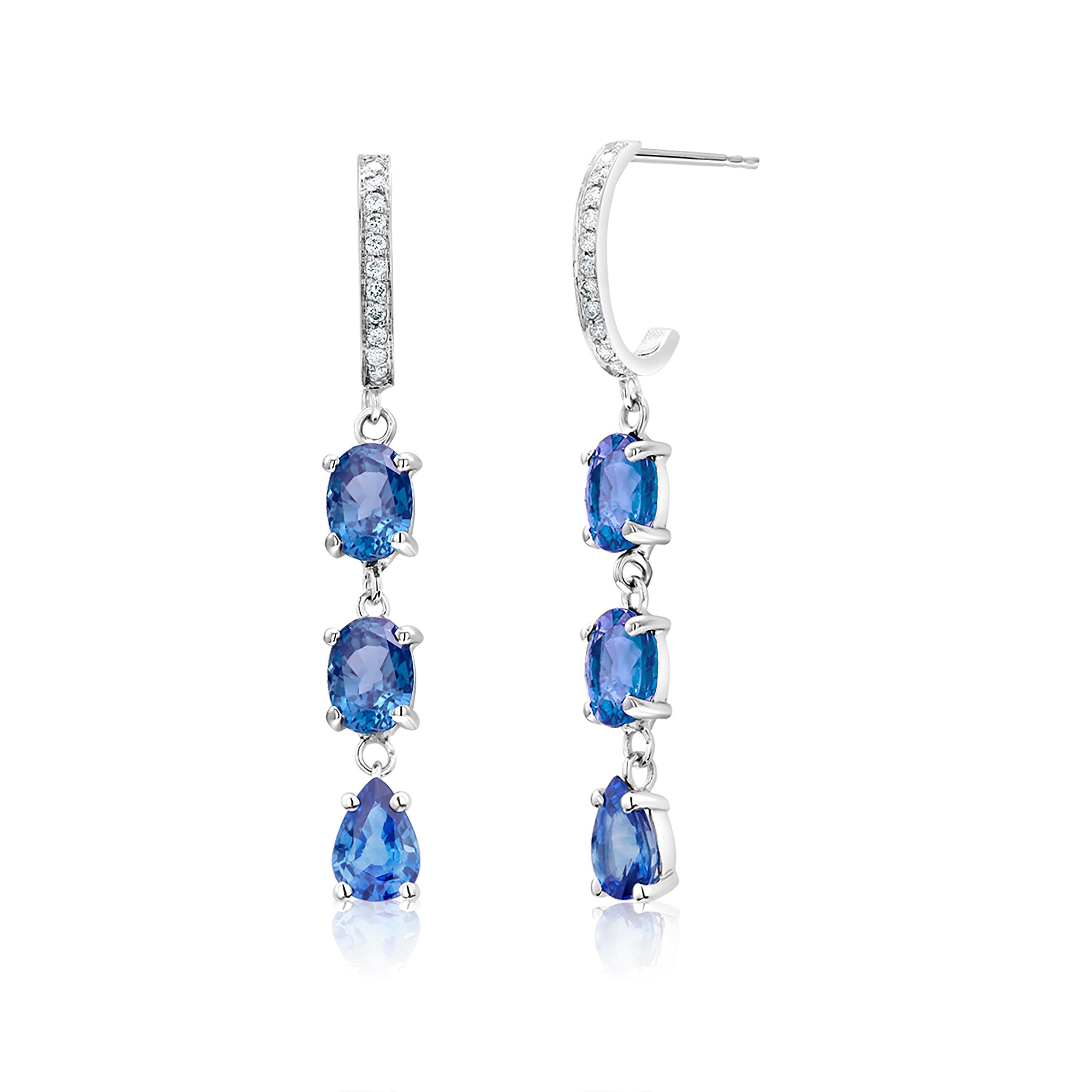 Women's Triple Tiered Ceylon Blue Sapphires and Diamonds White Gold Drop Hoop Earrings