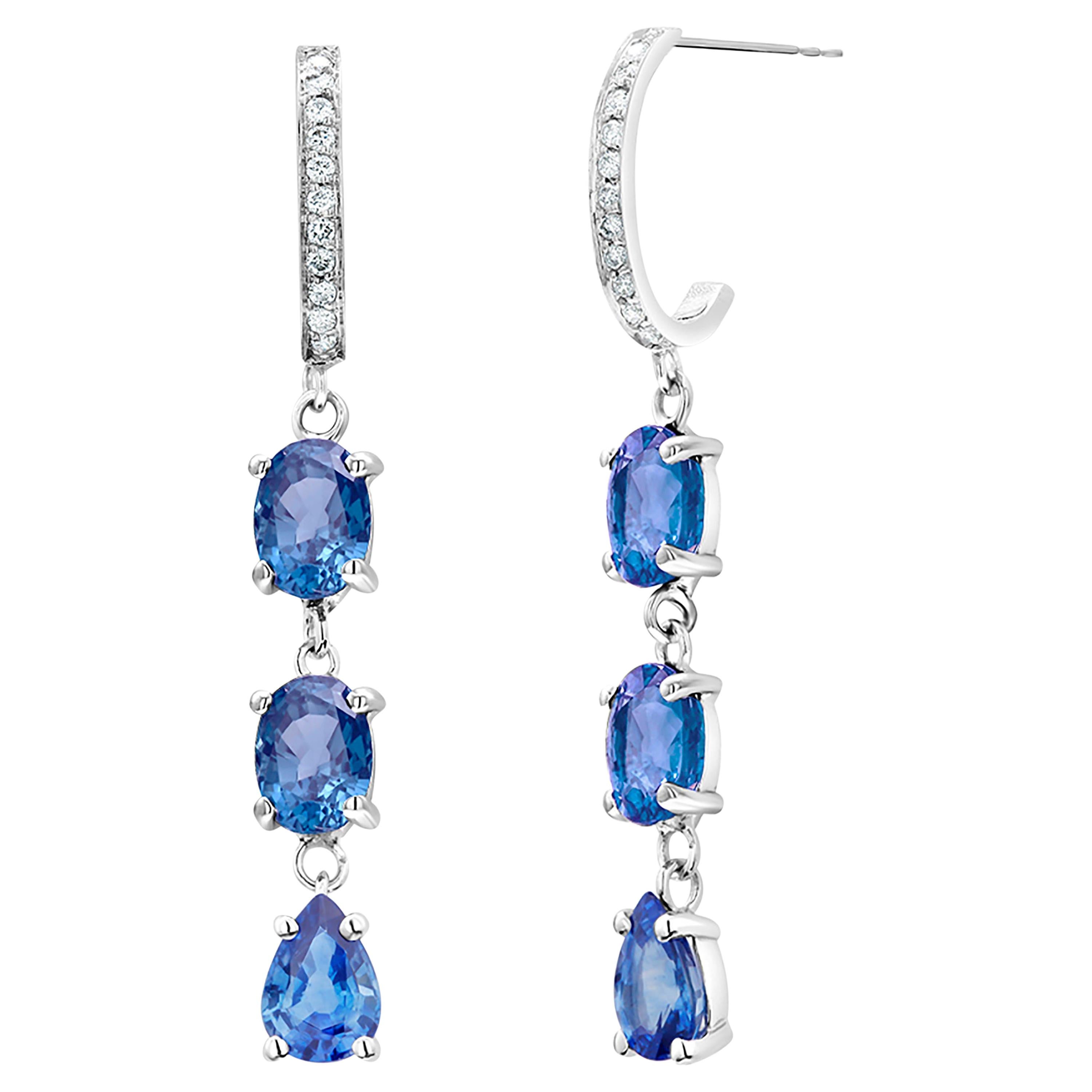 Triple Tiered Ceylon Blue Sapphires and Diamonds White Gold Drop Hoop Earrings