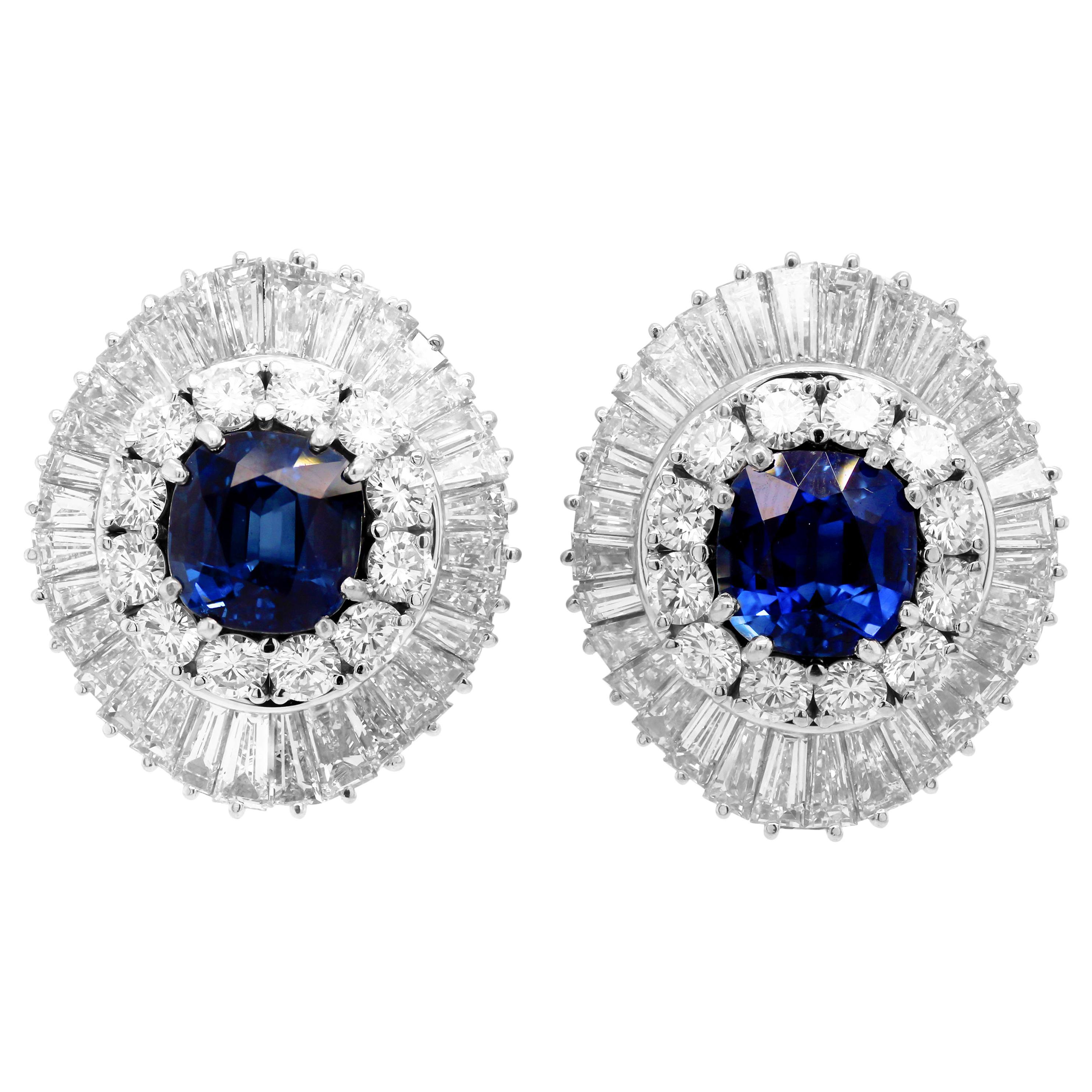 Ceylon Cushion Blue Sapphire Tapered Baguette Round Diamond Platinum Earrings
