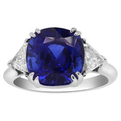 Ceylon Cushion Cut Blue Sapphire Diamond Platinum Three Stone Engagement Ring 