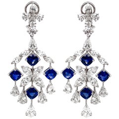 Ceylon Cushion Cut Blue Sapphires 7.73 Carat Diamond Chandelier Platinum Earring